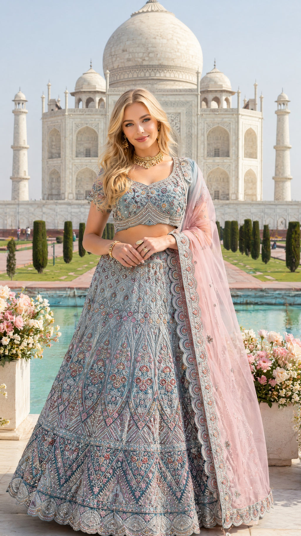Sky Blue Velvet Mughal motif Intricate embroidery stone-worked Meenakari Lehenga