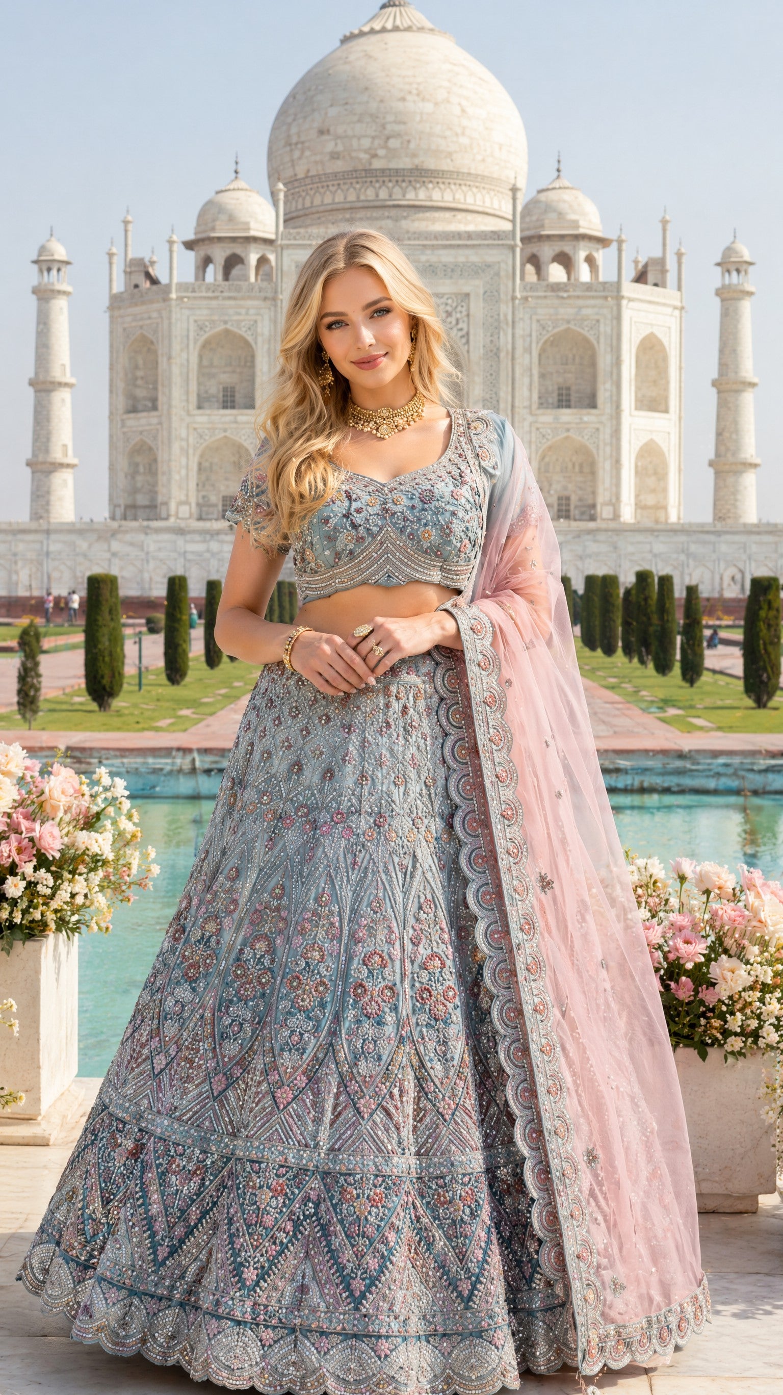 Sky Blue Velvet Mughal motif Intricate embroidery stone-worked Meenakari Lehenga