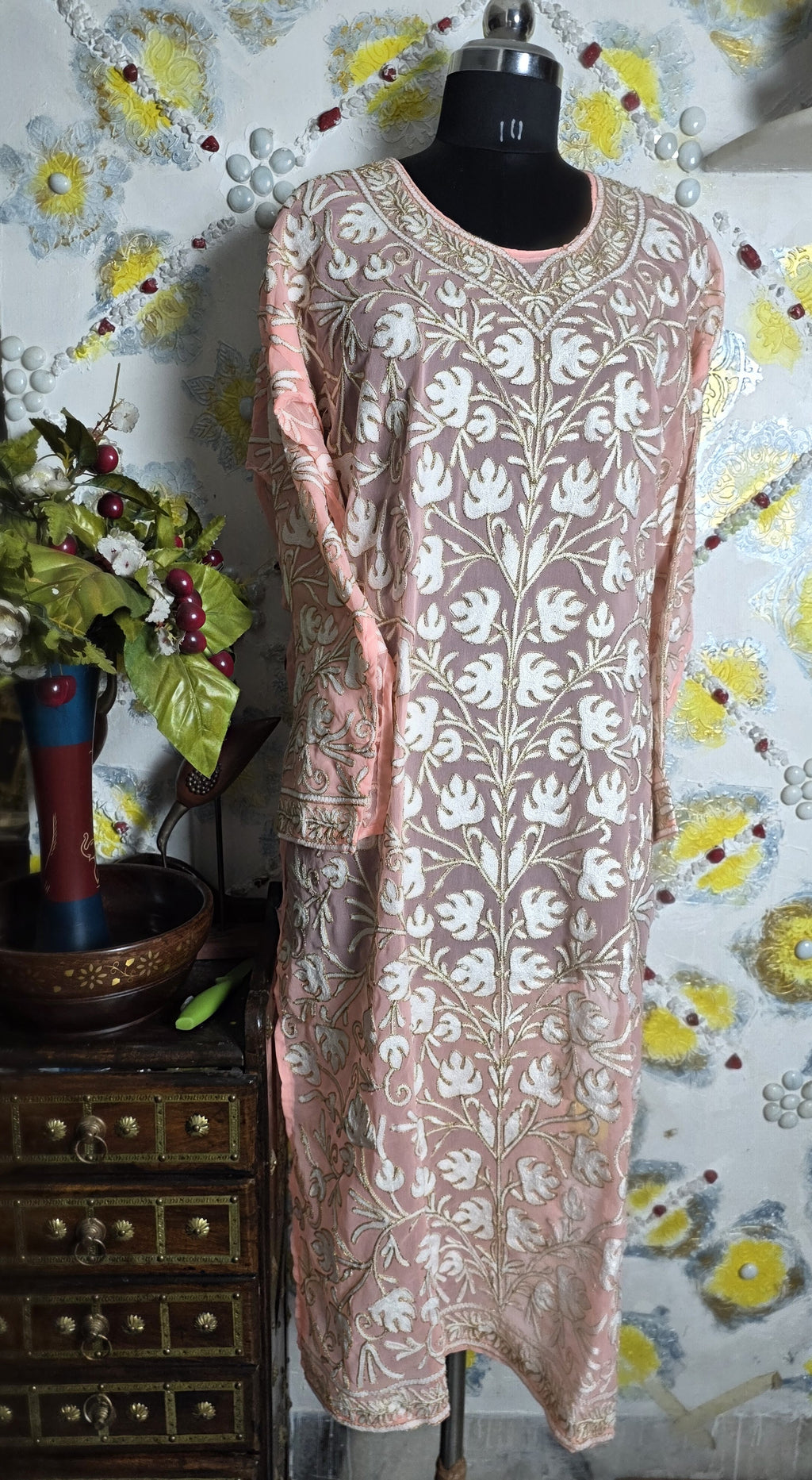 White golden thread work Peach long kurta
