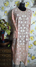 White golden thread work Peach long kurta