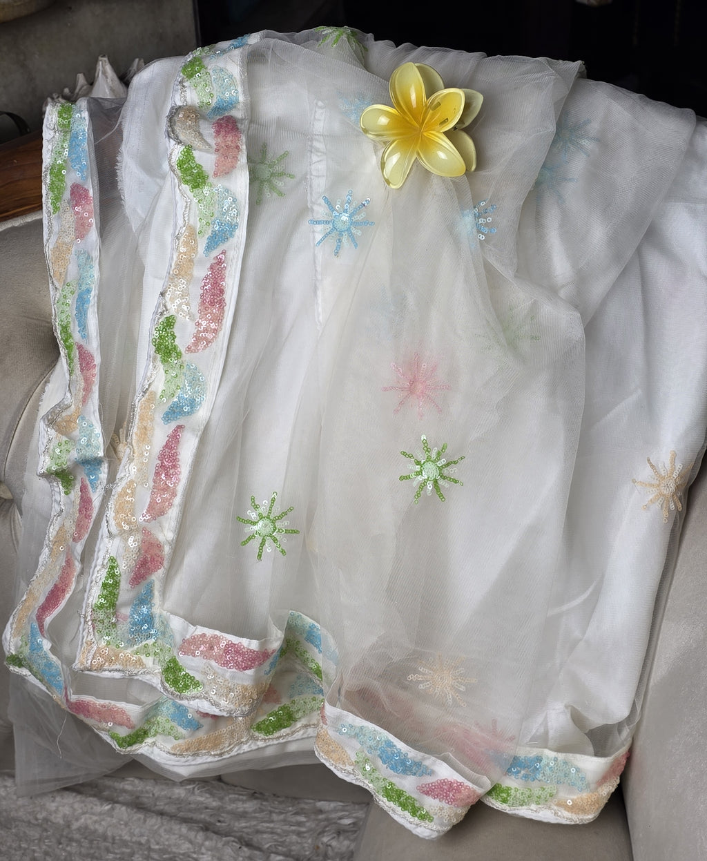 White Multicoloured Sequined Lehenga