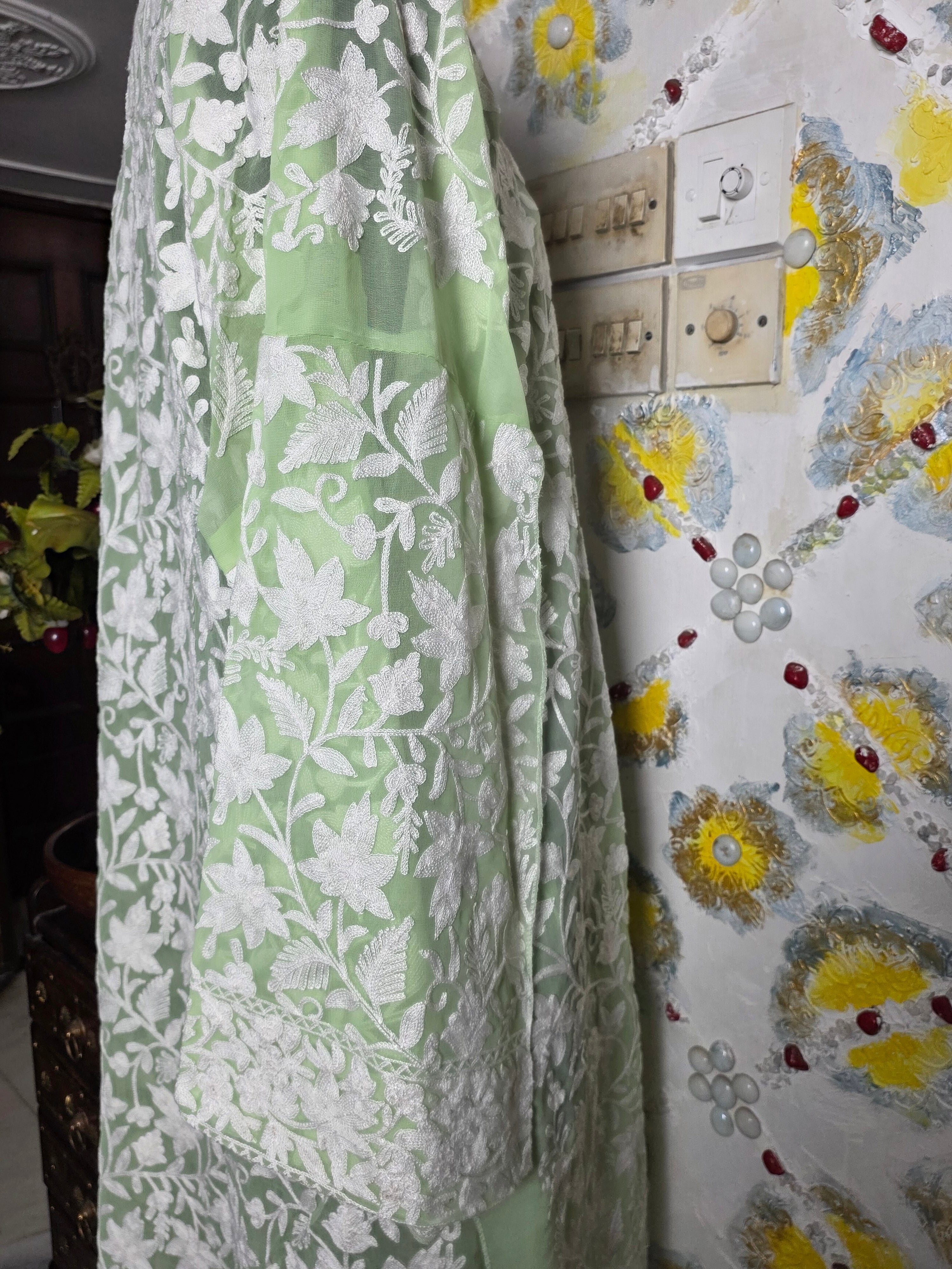White thread work long Pista Green kurta