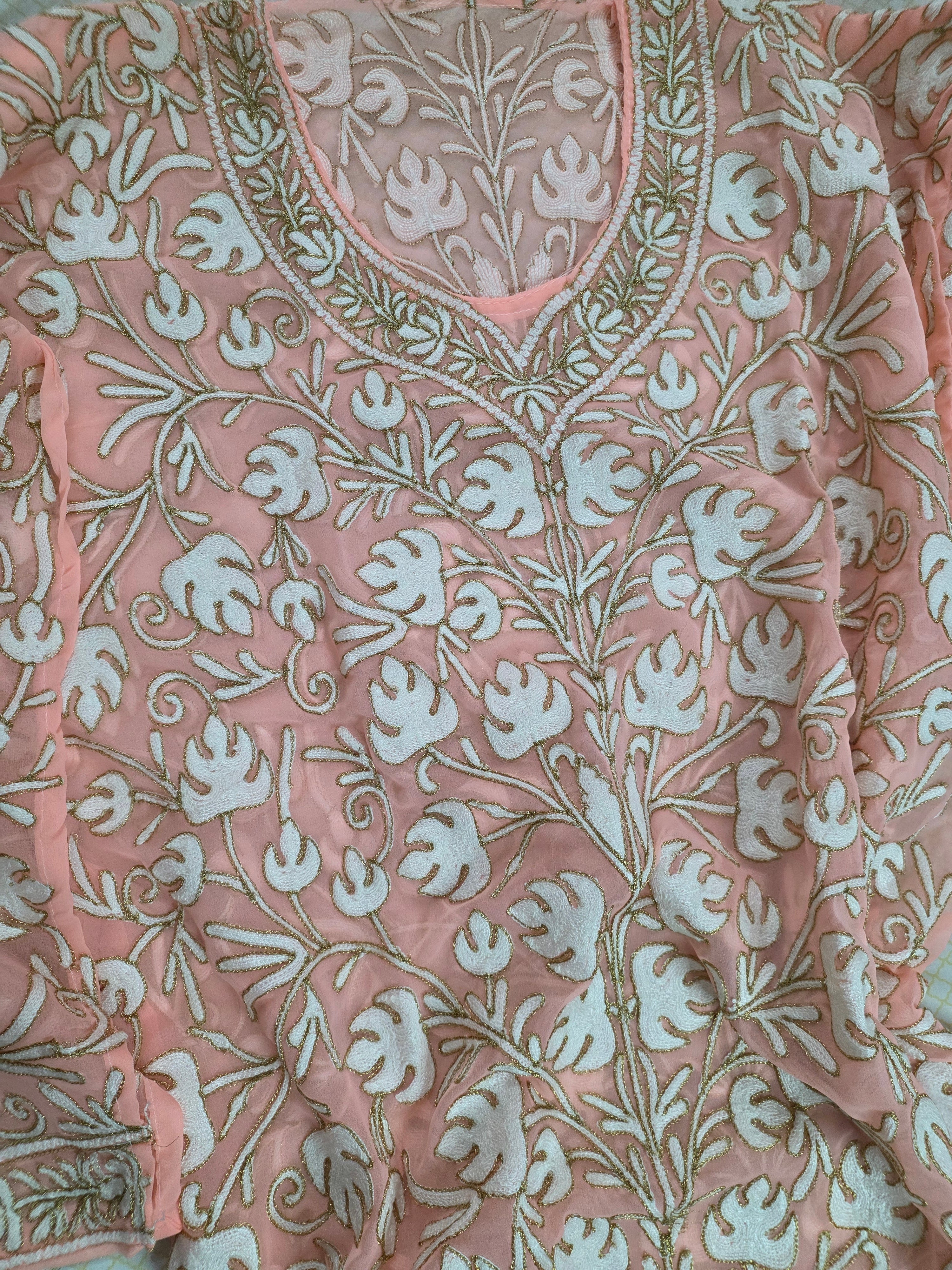 White golden thread work Peach long kurta