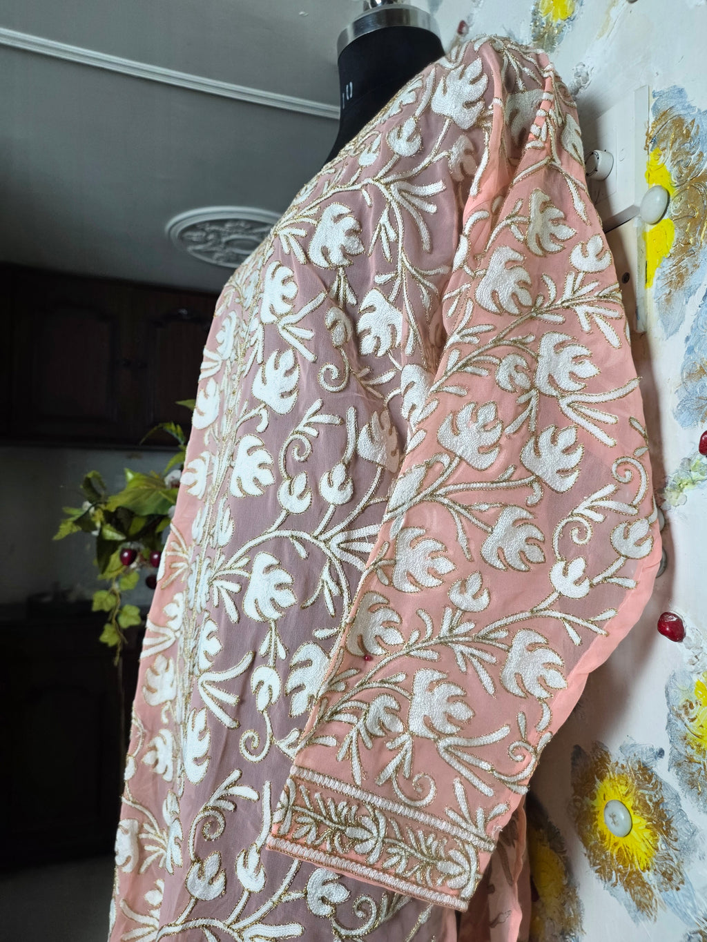 White golden thread work Peach long kurta
