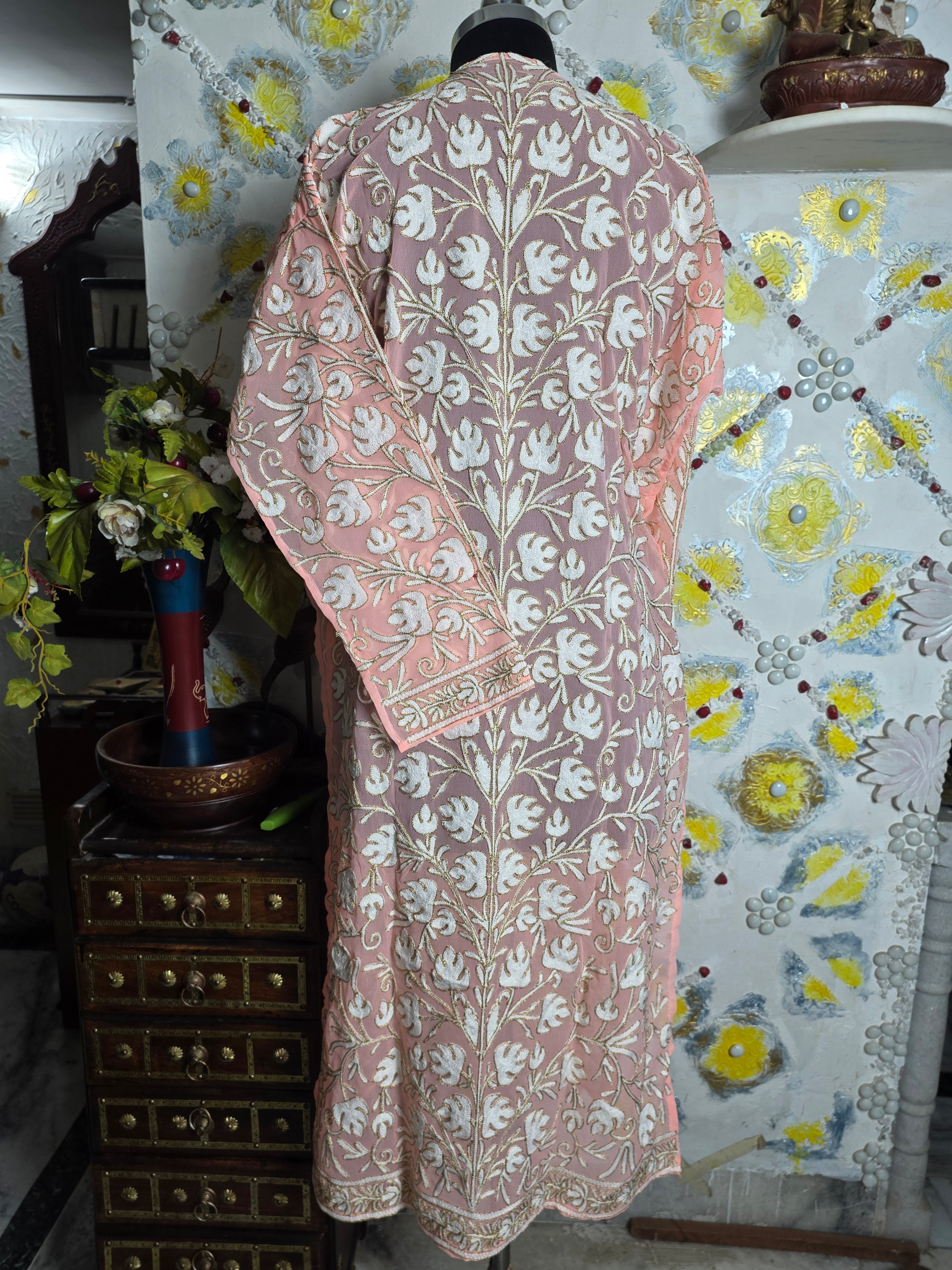 White golden thread work Peach long kurta