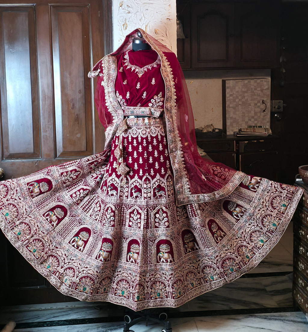 Maroon Velvet Bridal Lehenga