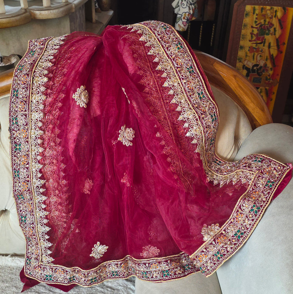 Maroon Meenakari stone-worked Velvet Lehenga