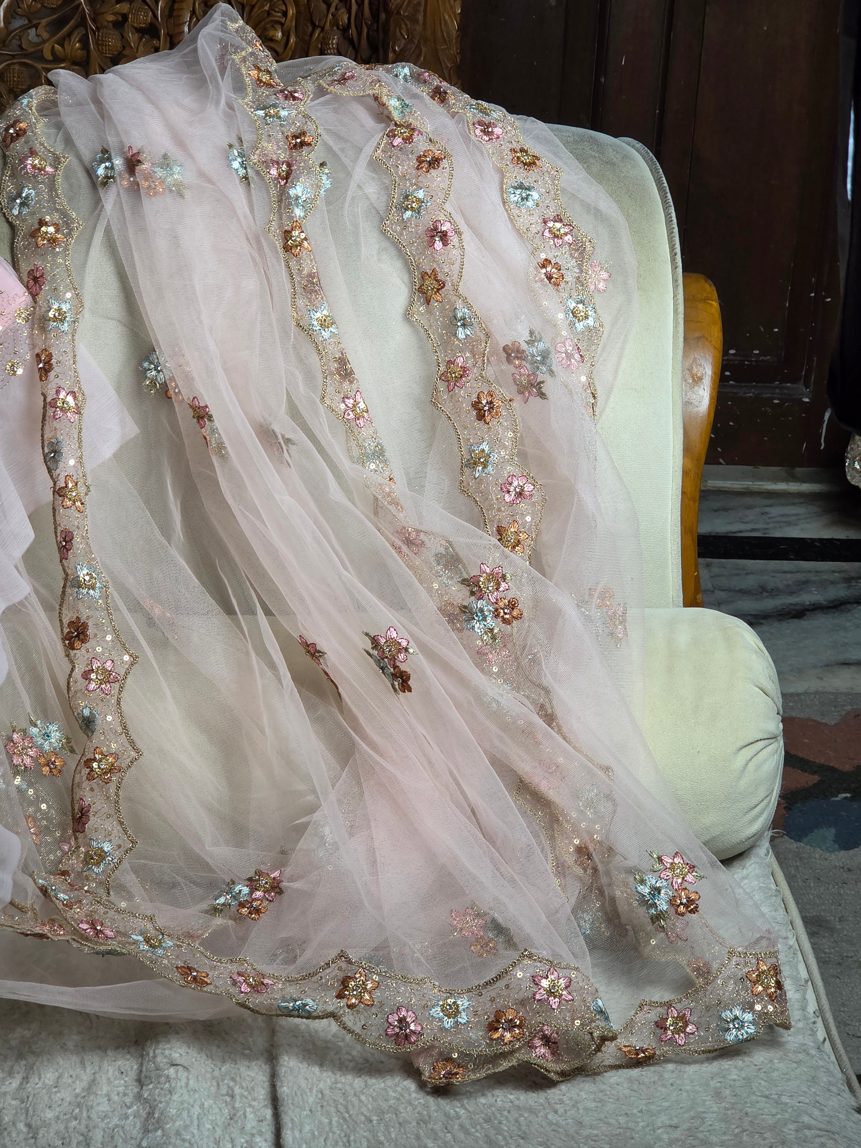 Baby Pink Floral Sequined Stone-worked multicolour lehenga