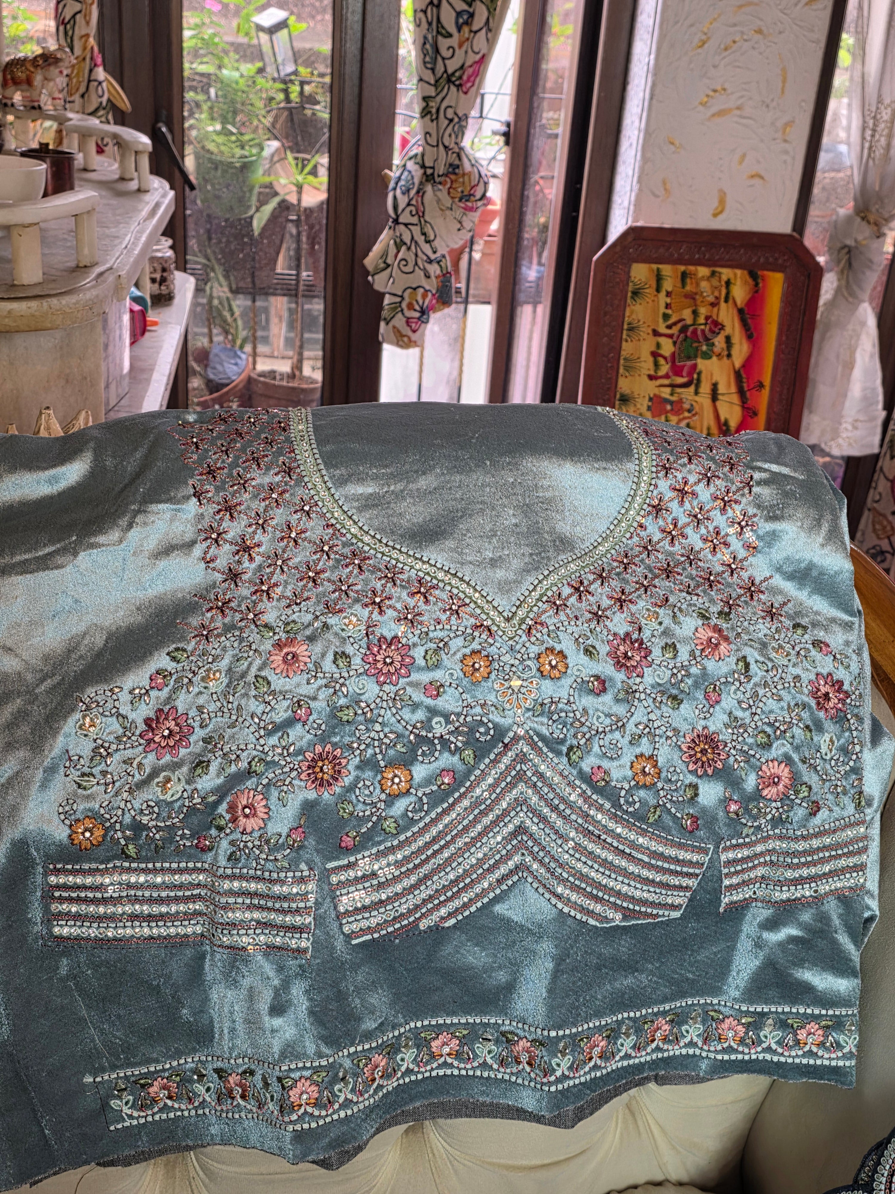Sky Blue Velvet Mughal motif Intricate embroidery stone-worked Meenakari Lehenga