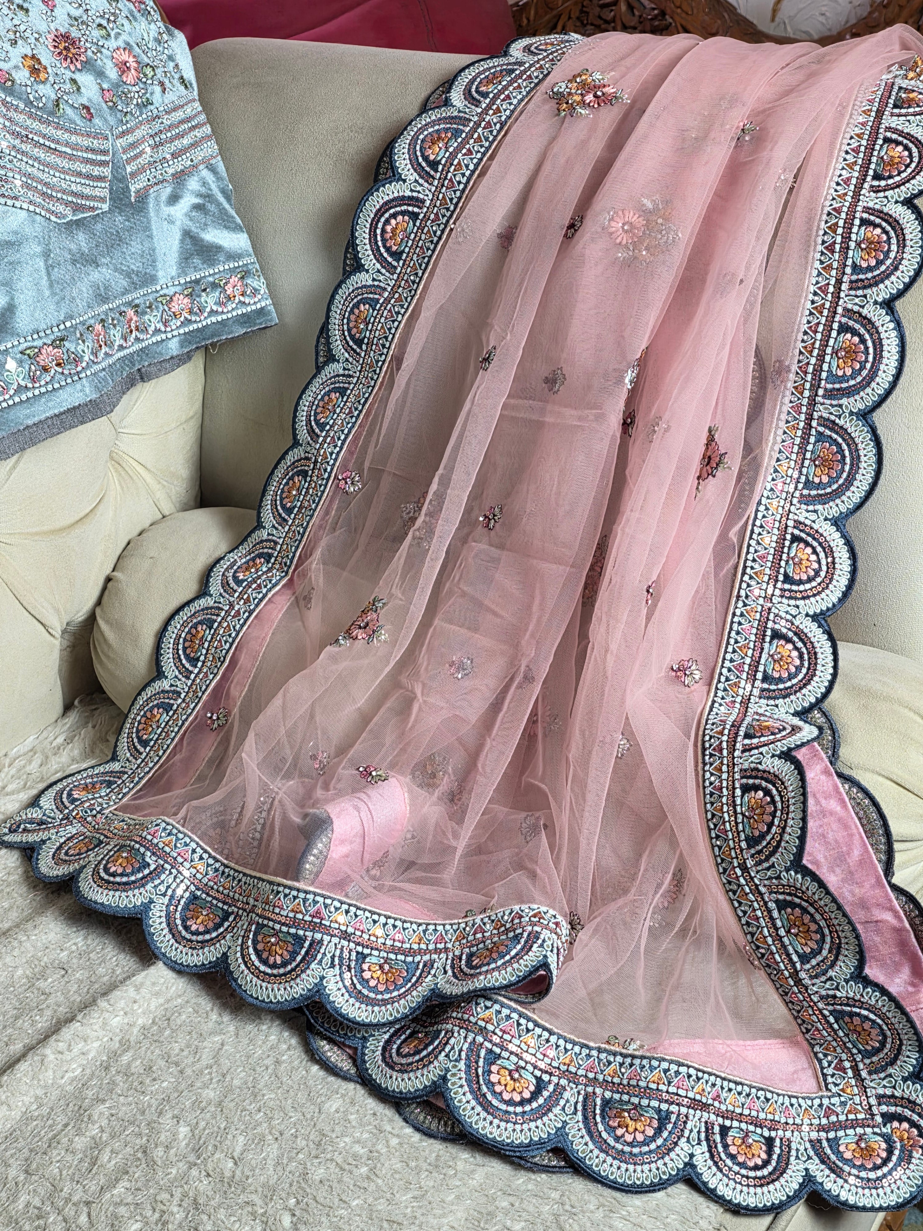 Sky Blue Velvet Mughal motif Intricate embroidery stone-worked Meenakari Lehenga
