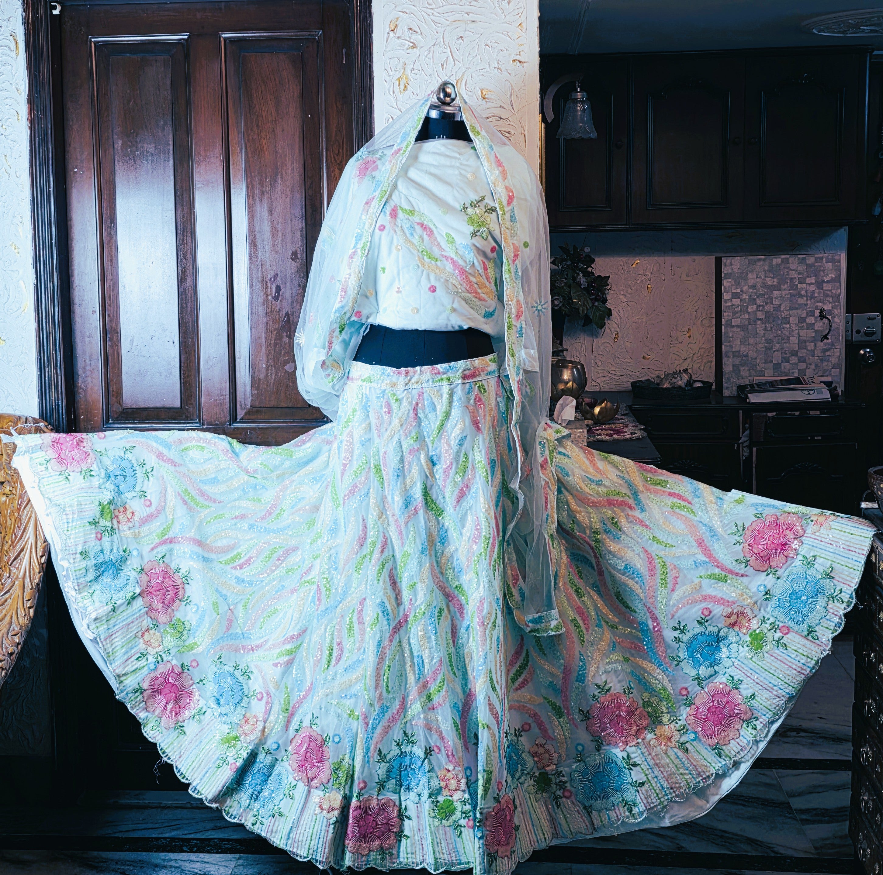 Ice blue multicoloured sequined Lehenga