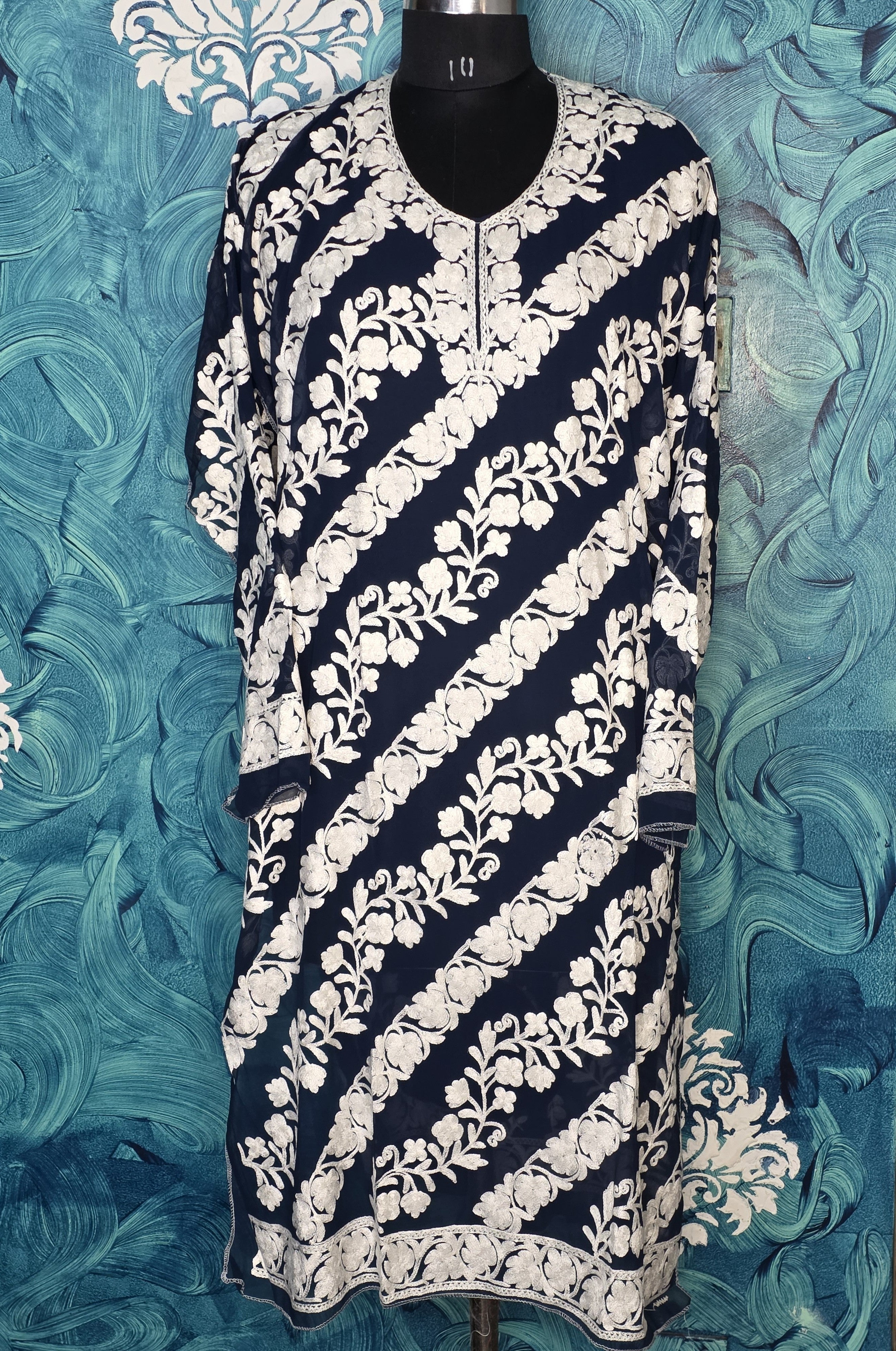 White thread work long kurta navy