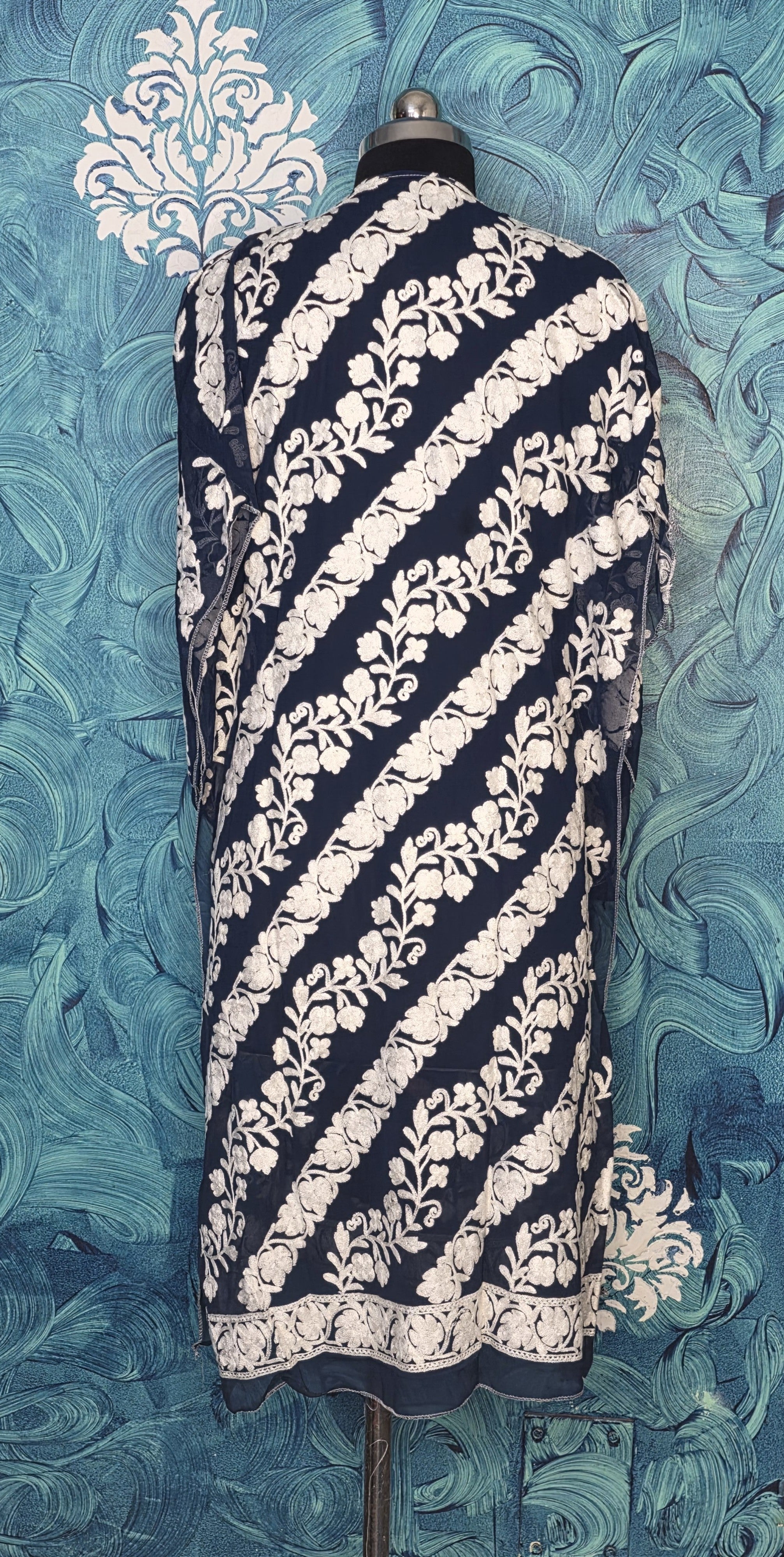White thread work long kurta navy
