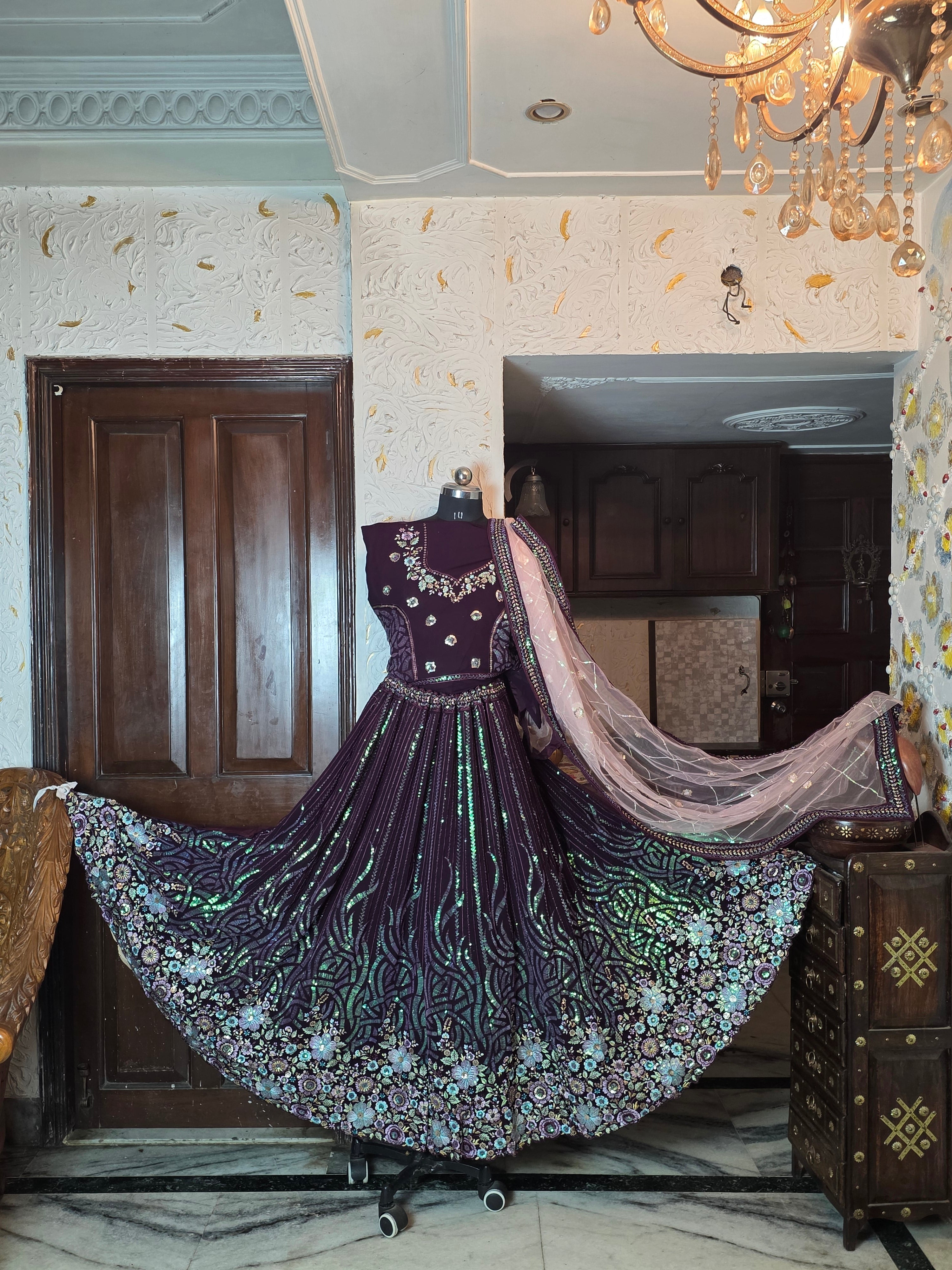 Wine Floral Sequined Lehenga