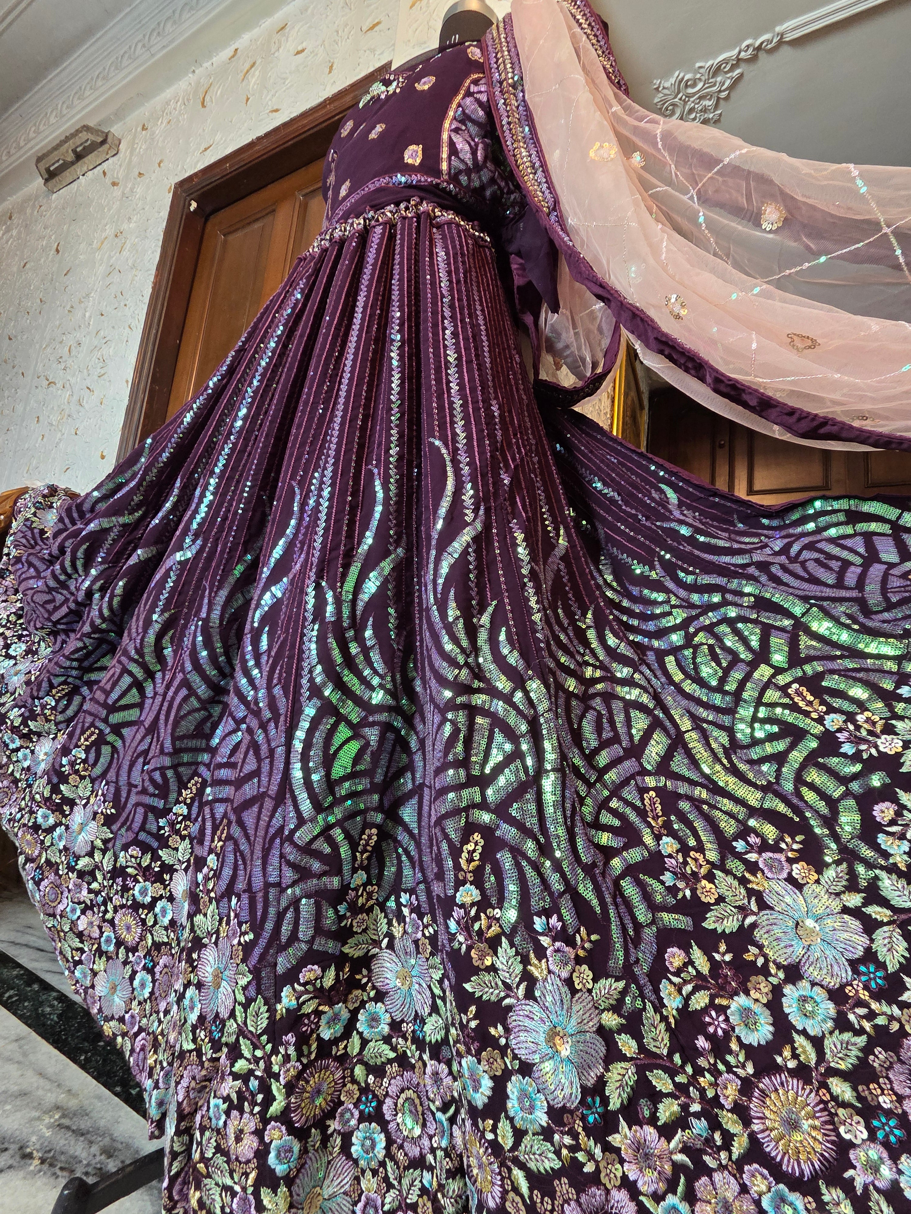 Wine Floral Sequined Lehenga
