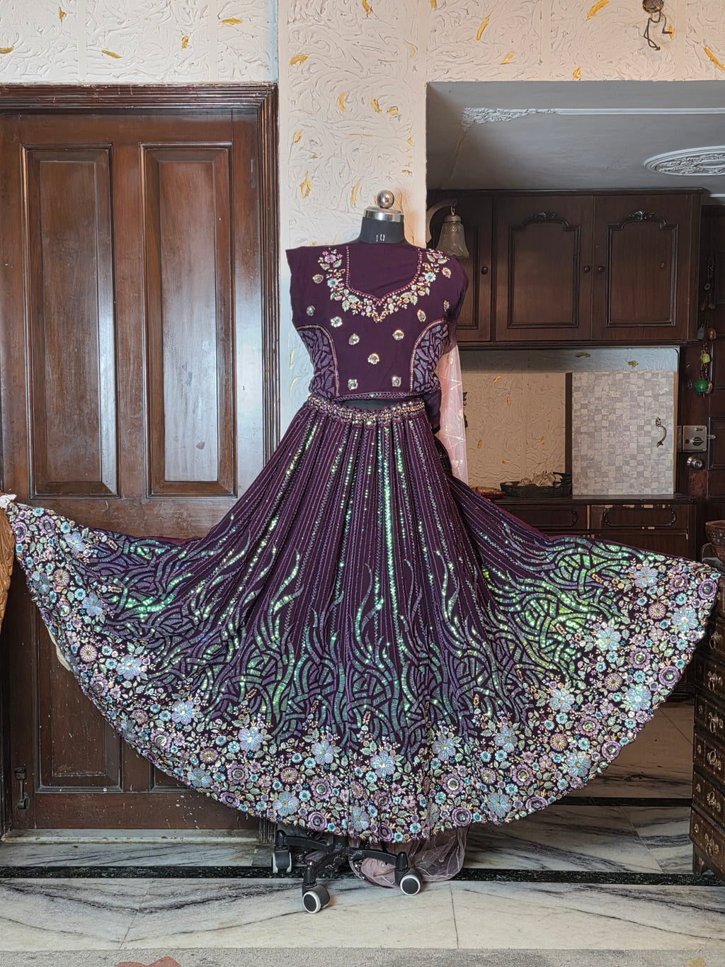 Wine Floral Sequined Lehenga
