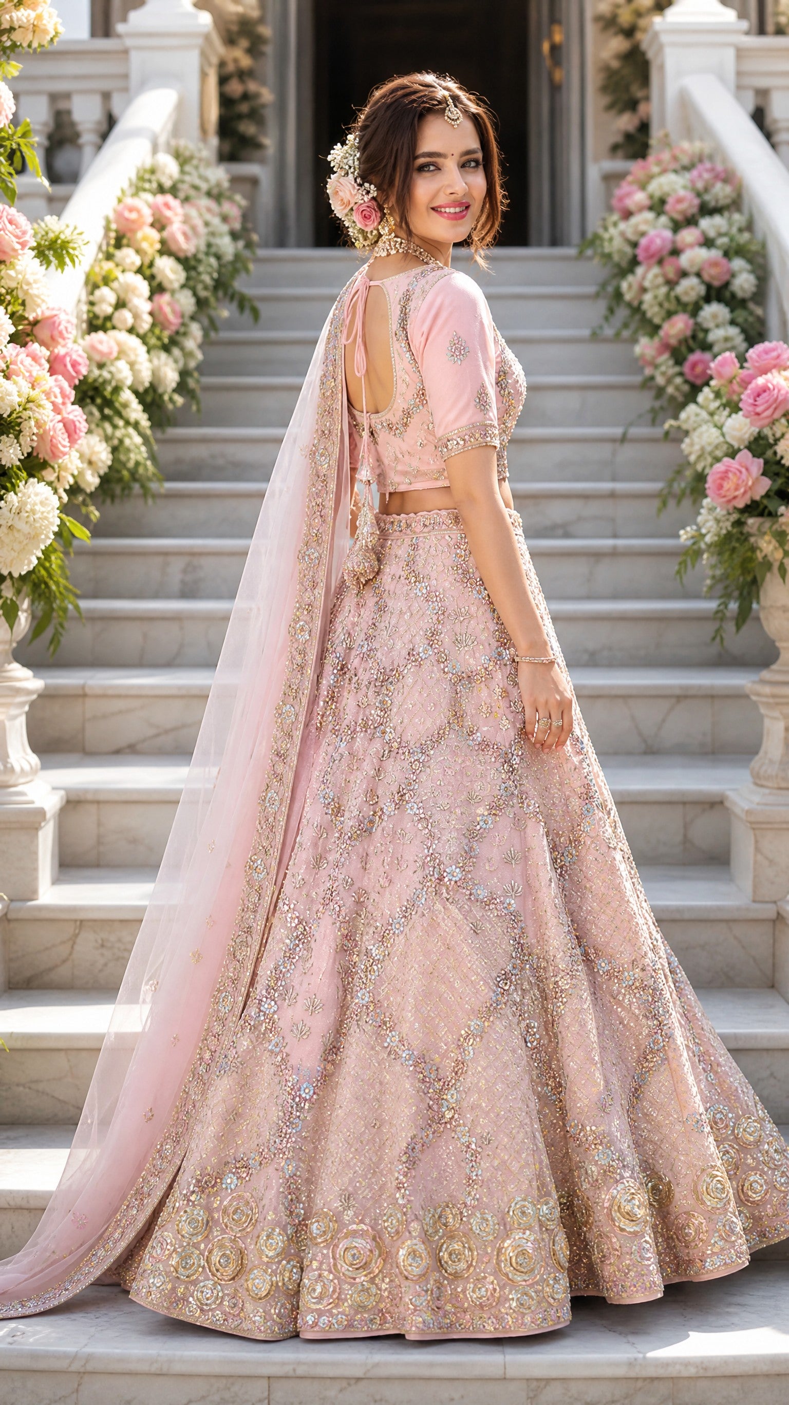 Baby Pink Floral Sequined Stone-worked multicolour lehenga