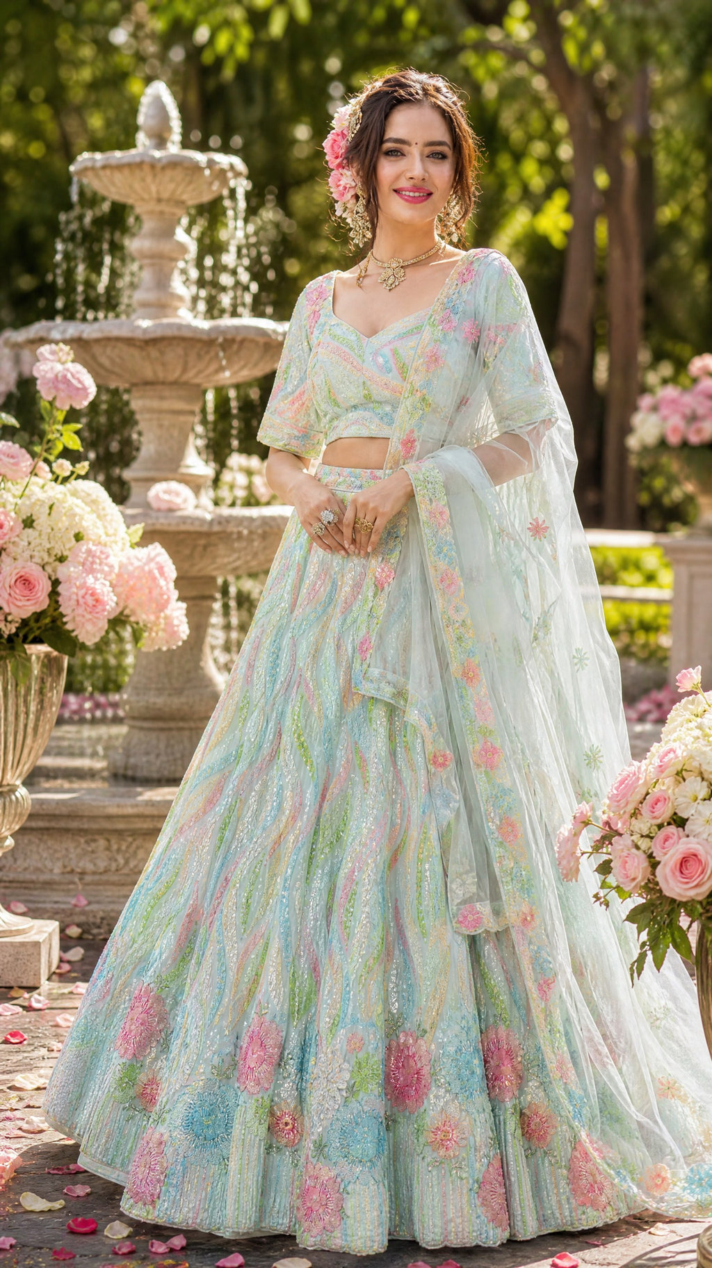 Ice blue multicoloured sequined Lehenga