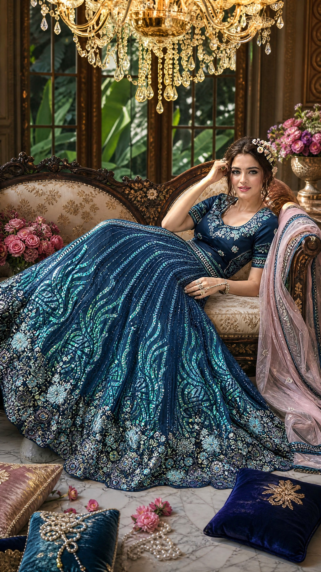 PEACOCK BLUE FLORAL SEQUIN GEORGETTE LEHENGA