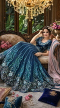 PEACOCK BLUE FLORAL SEQUIN GEORGETTE LEHENGA