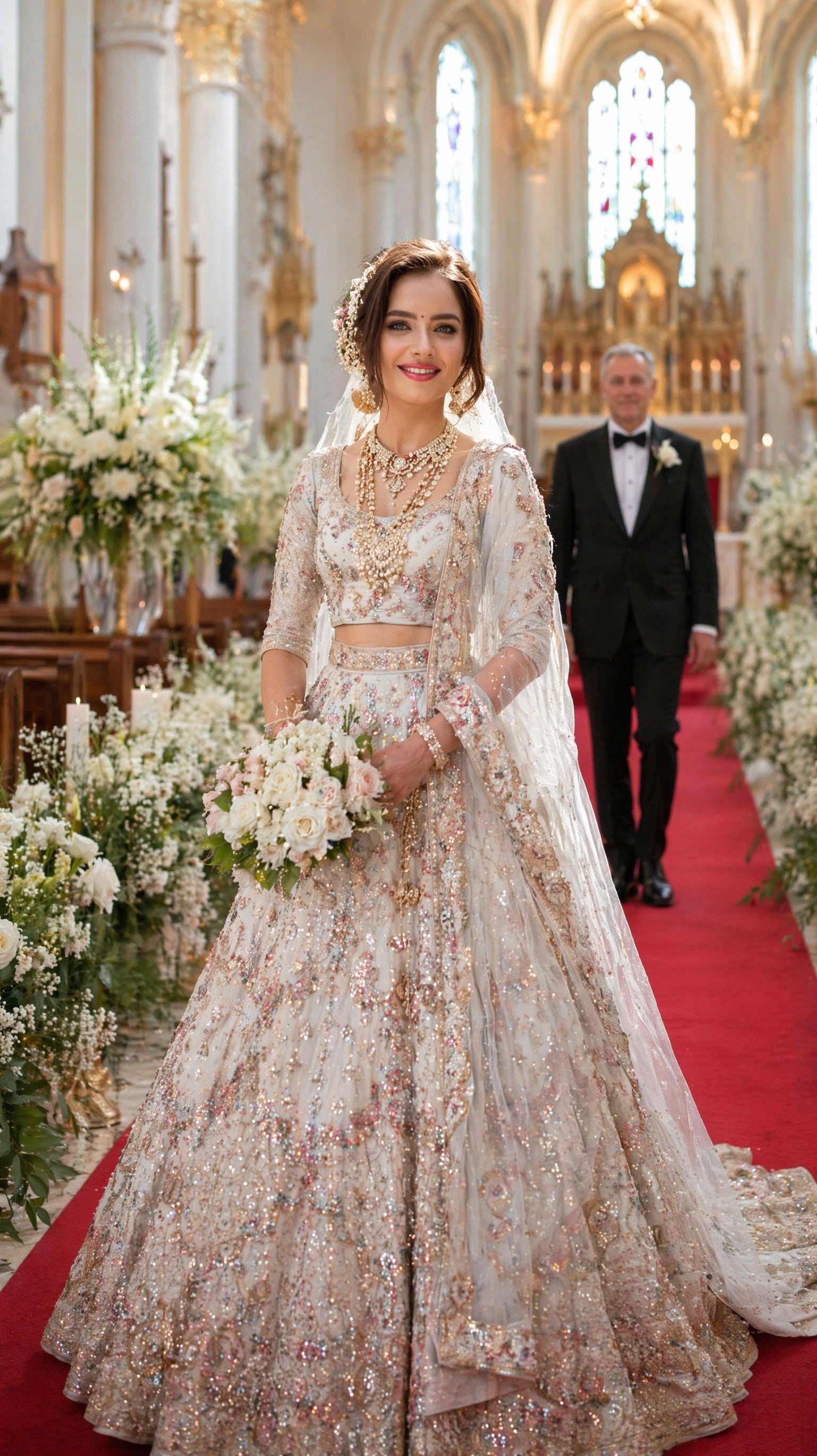 Off-White Golden Sequined Stone worked Lehenga