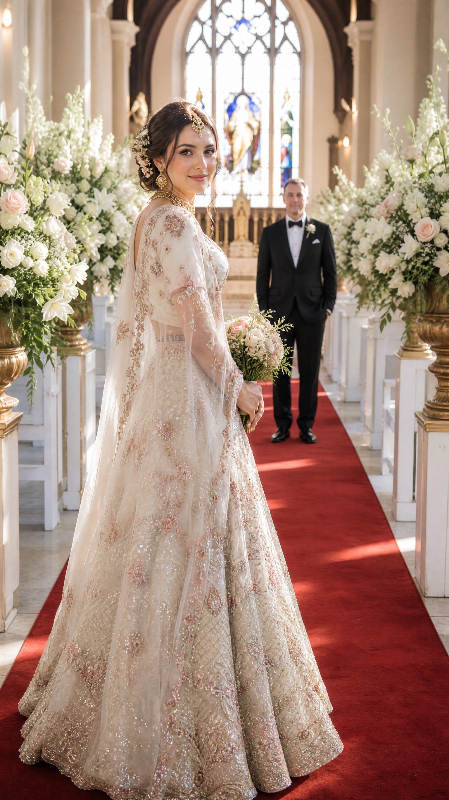 Off-White Golden Sequined Stone worked Lehenga
