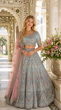 Sky Blue Velvet Mughal motif Intricate embroidery stone-worked Meenakari Lehenga