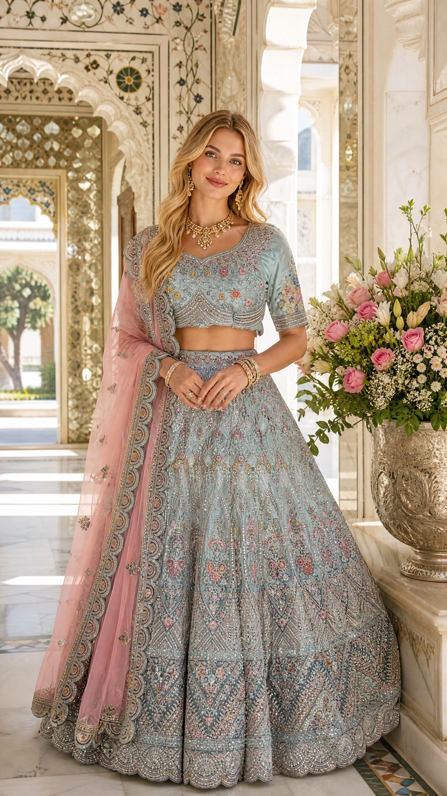 Sky Blue Velvet Mughal motif Intricate embroidery stone-worked Meenakari Lehenga