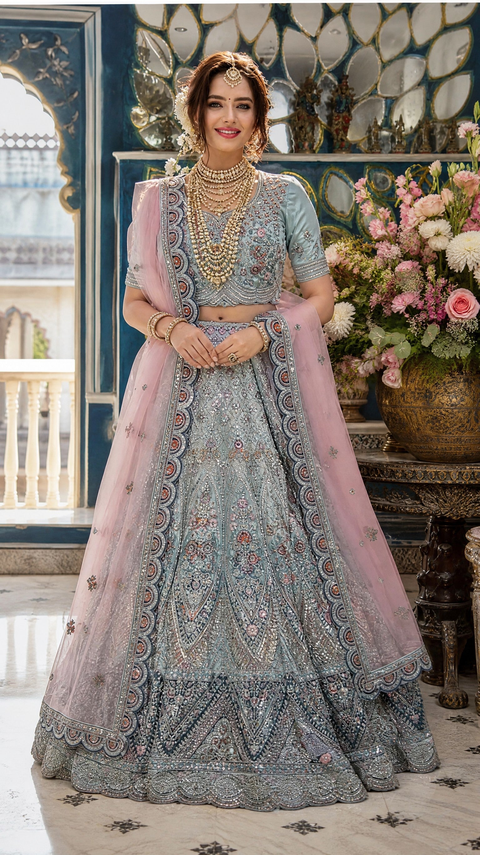 Sky Blue Velvet Mughal motif Intricate embroidery stone-worked Meenakari Lehenga
