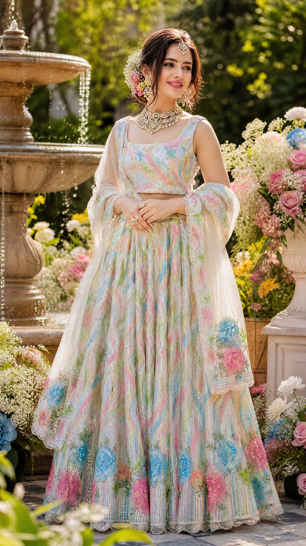 White Multicoloured Sequined Lehenga