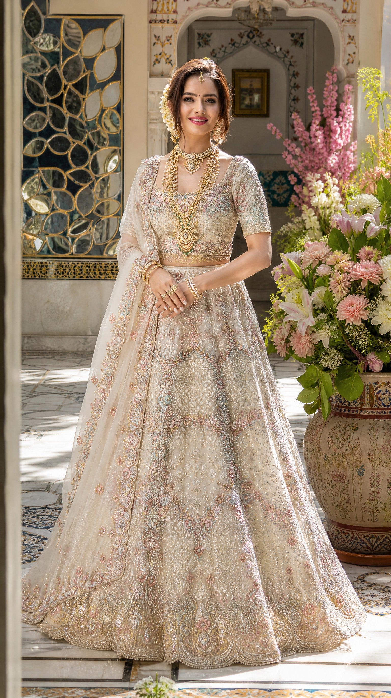 Off-White Golden Sequined Stone worked Lehenga