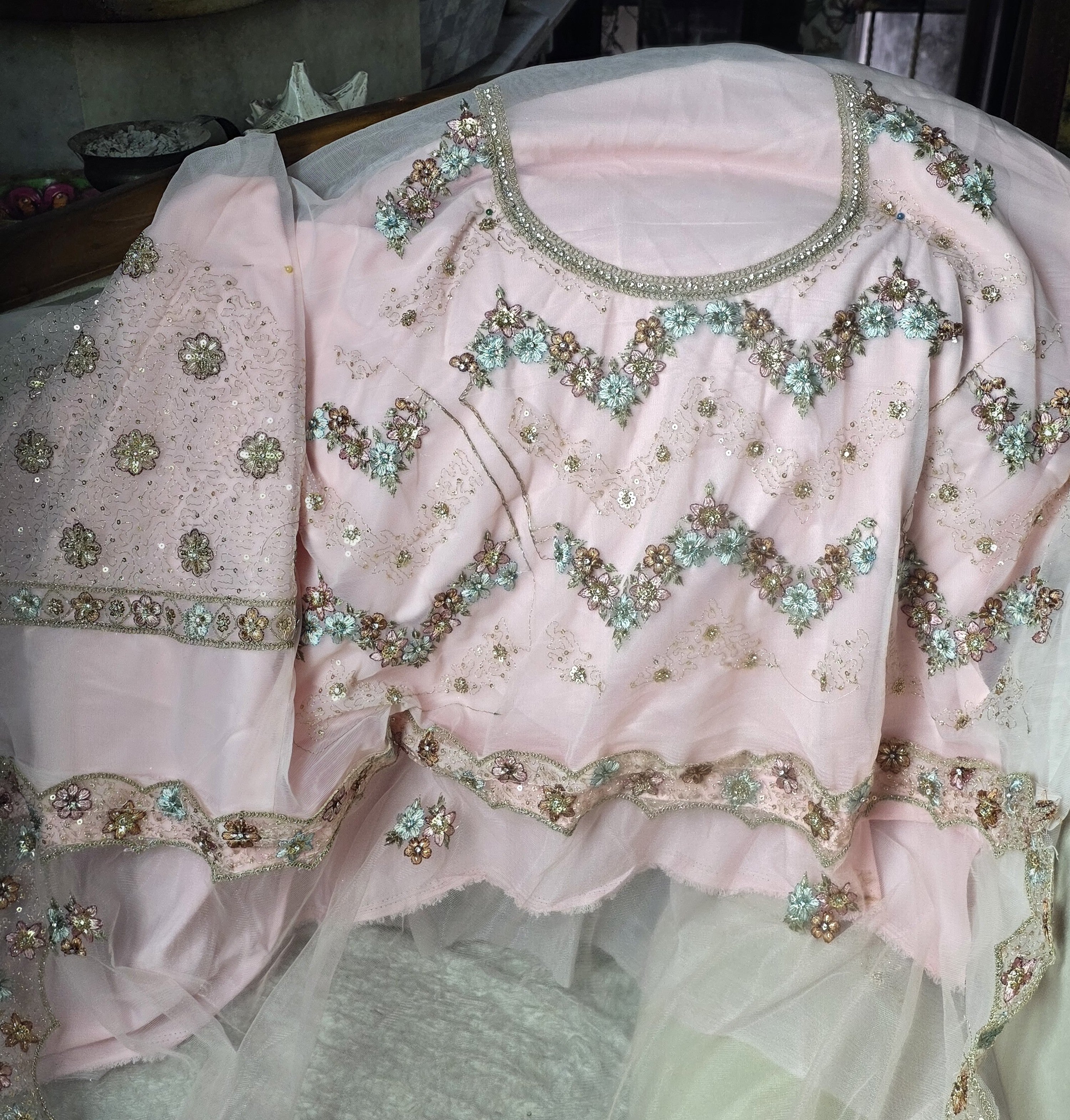 Baby Pink Floral Sequined Stone-worked multicolour lehenga