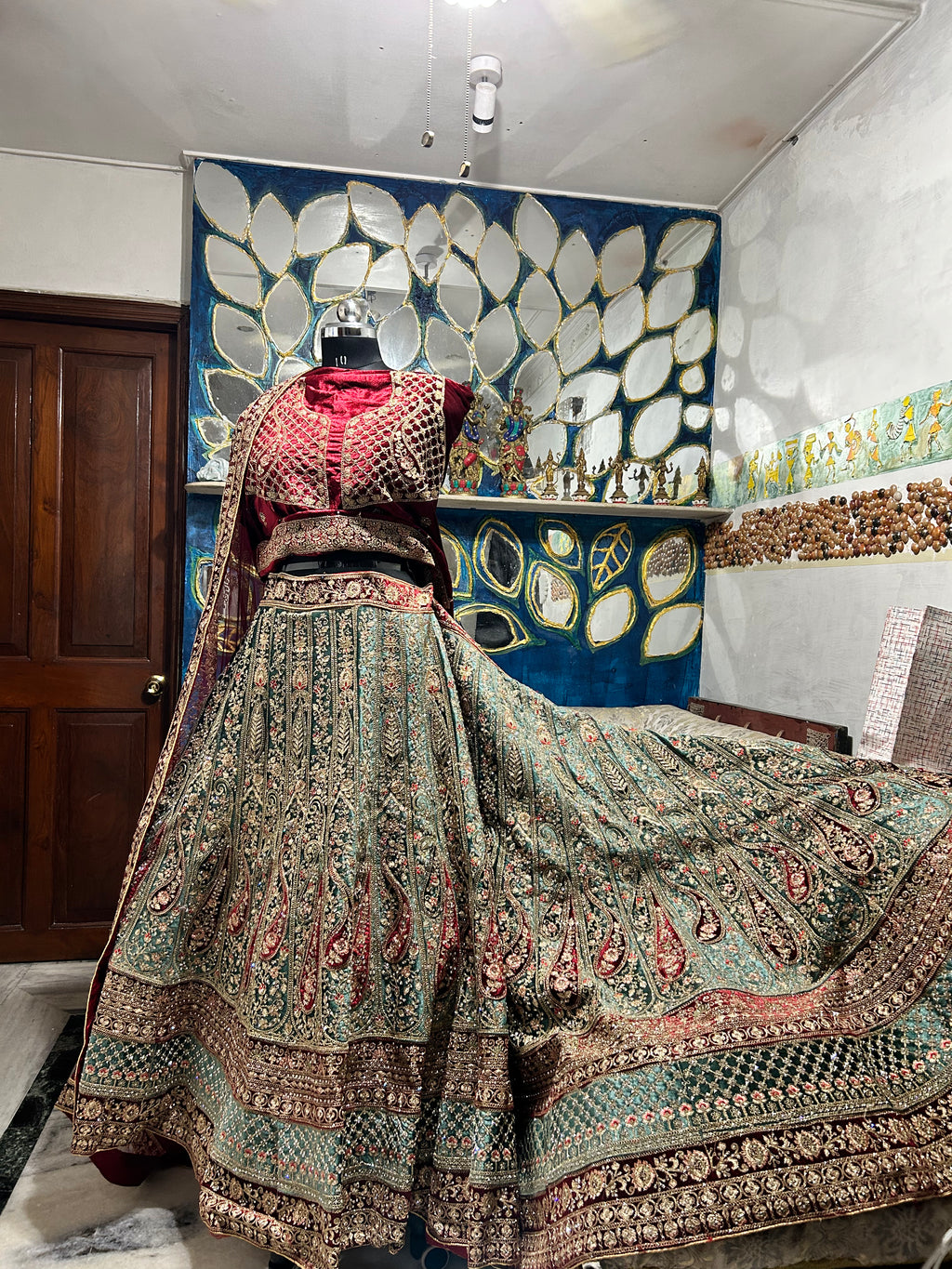 Pista-Green Stone worked heavy Velvet Lehenga