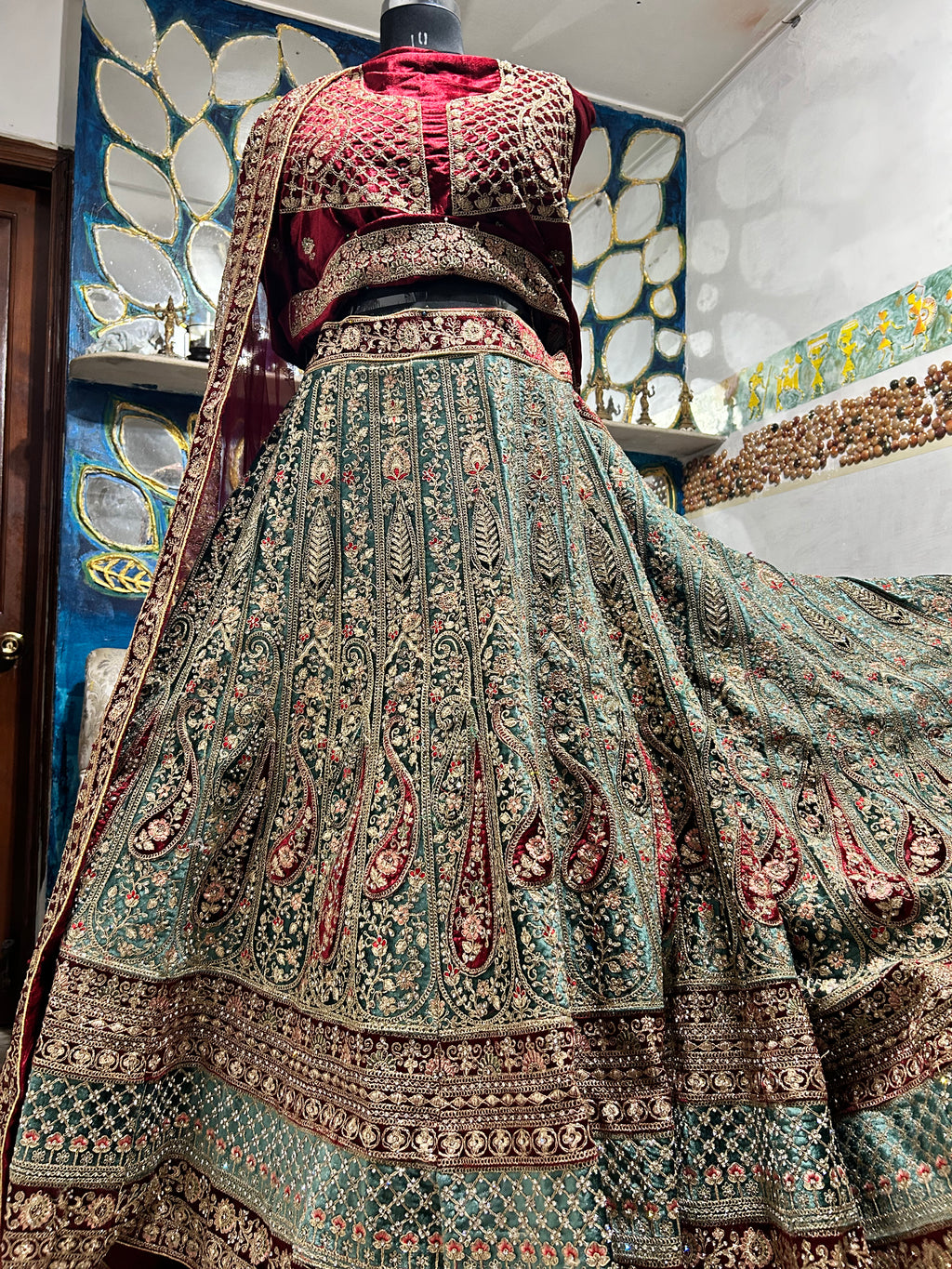 Pista-Green Stone worked heavy Velvet Lehenga