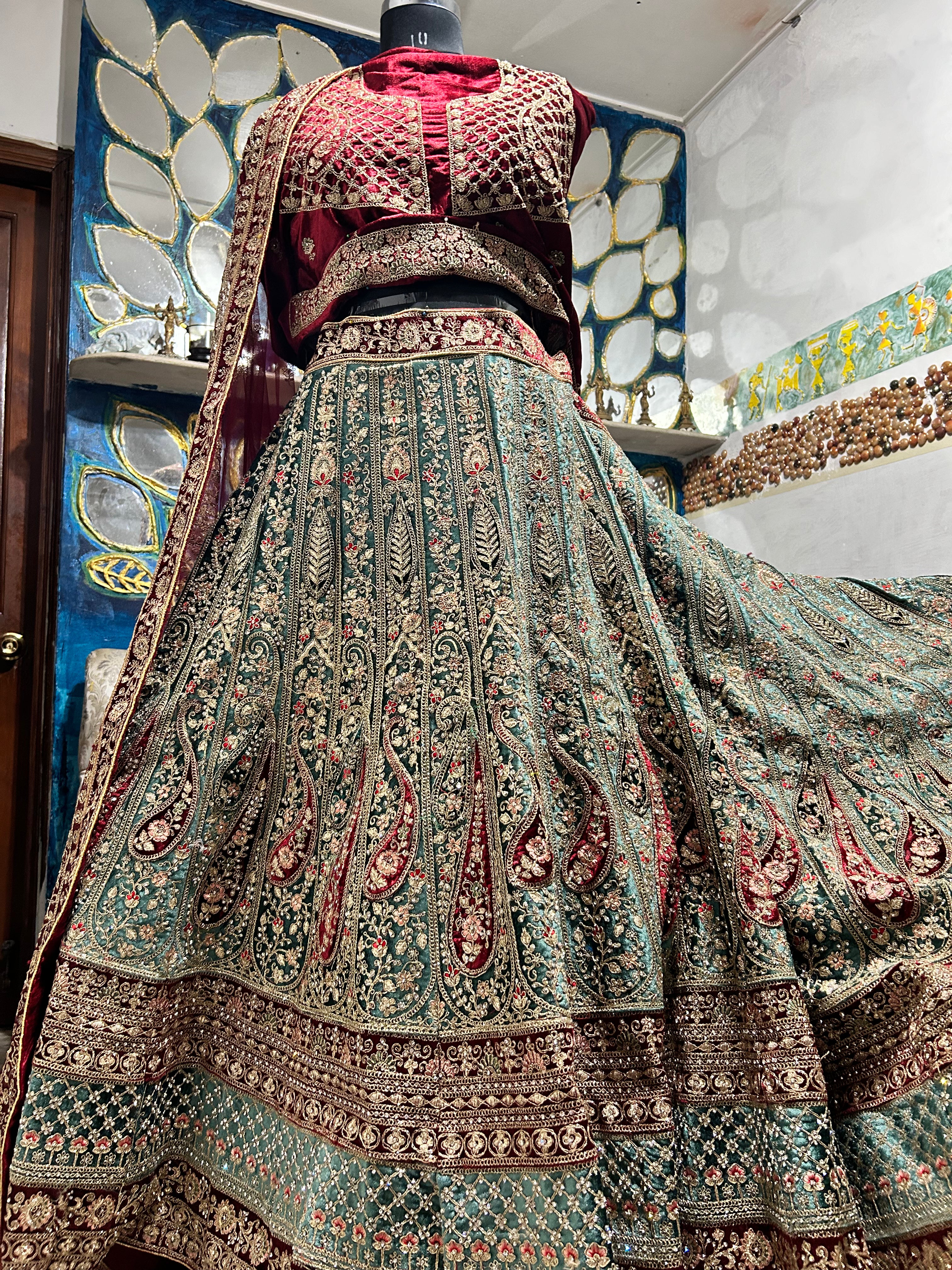 Pista-Green Stone worked heavy Velvet Lehenga