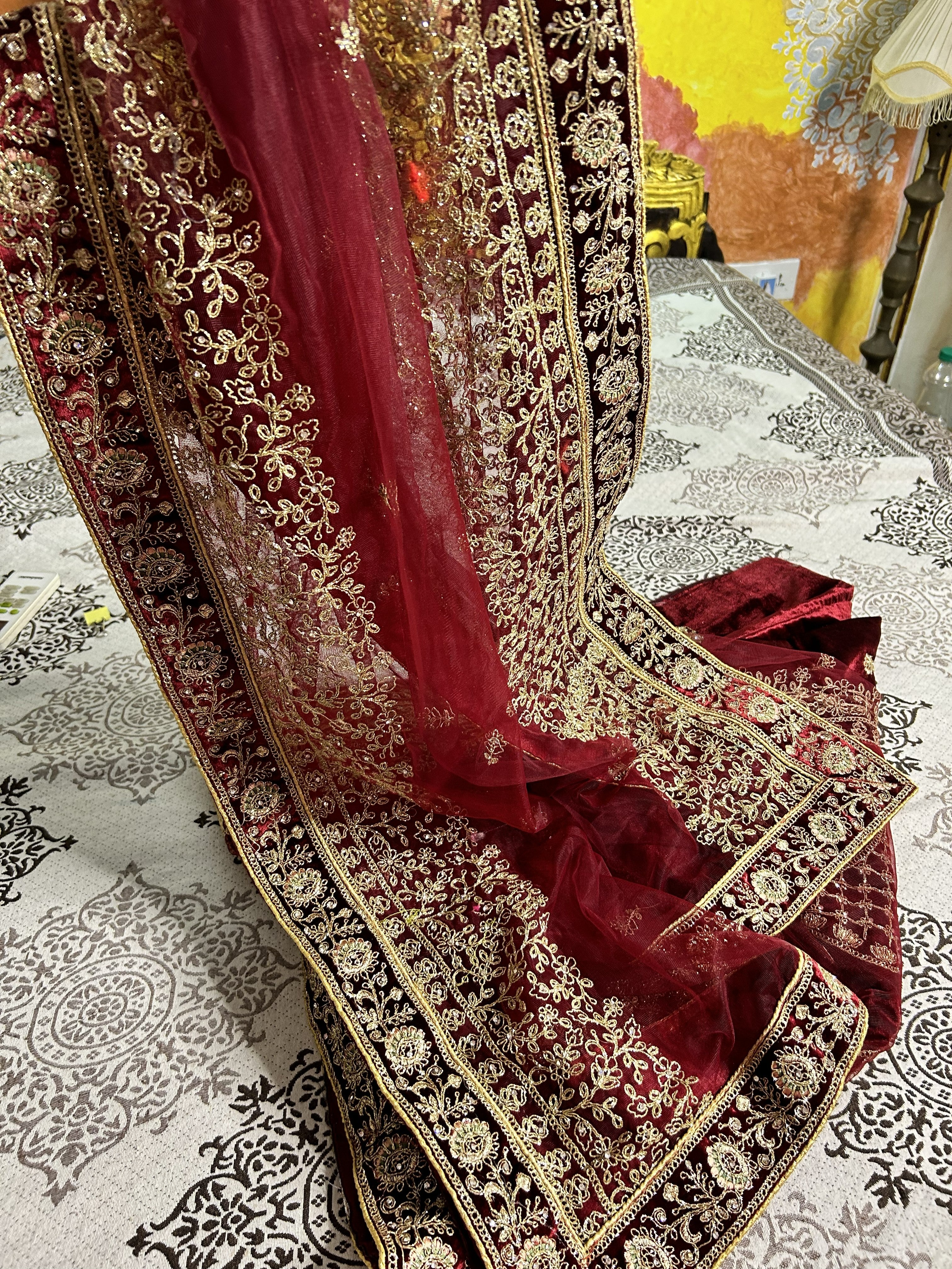 Pista-Green Stone worked heavy Velvet Lehenga