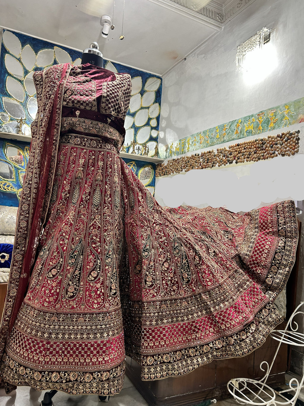 Dark Pink Stone worked heavy Velvet Lehenga
