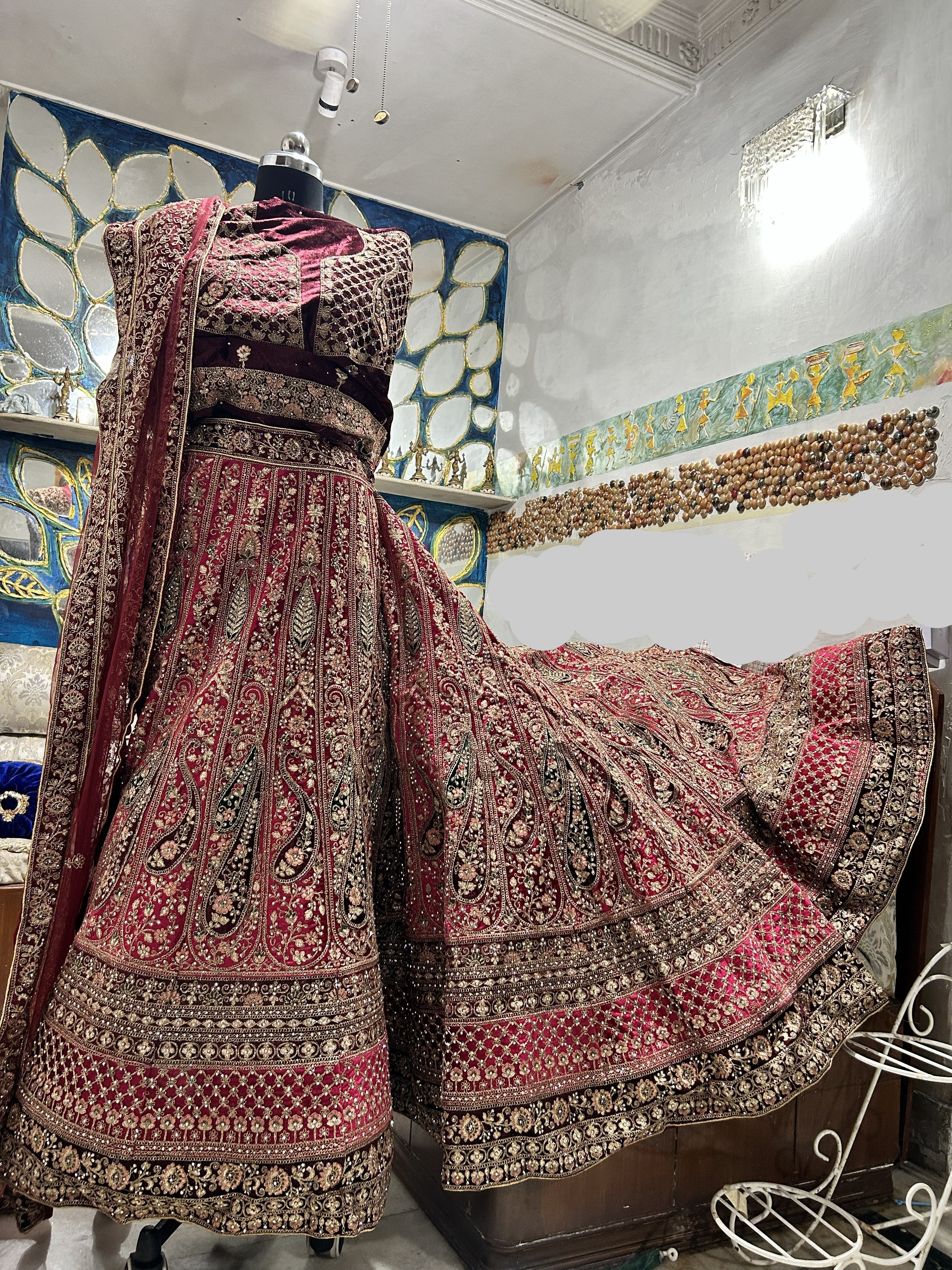 Dark Pink Stone worked heavy Velvet Lehenga
