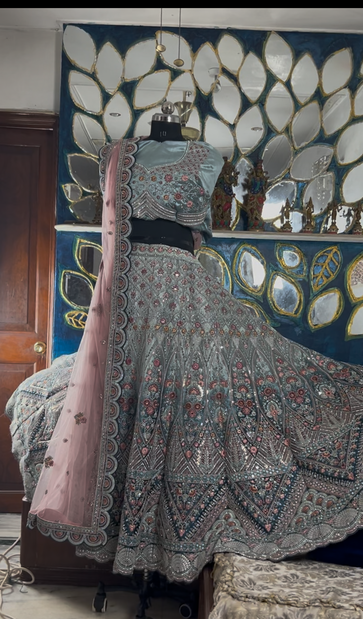 Sky Blue Velvet Mughal motif Intricate embroidery stone-worked Meenakari Lehenga