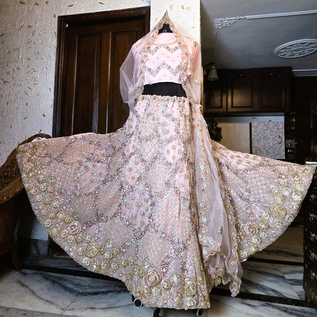 Baby Pink Floral Sequined Stone-worked multicolour lehenga
