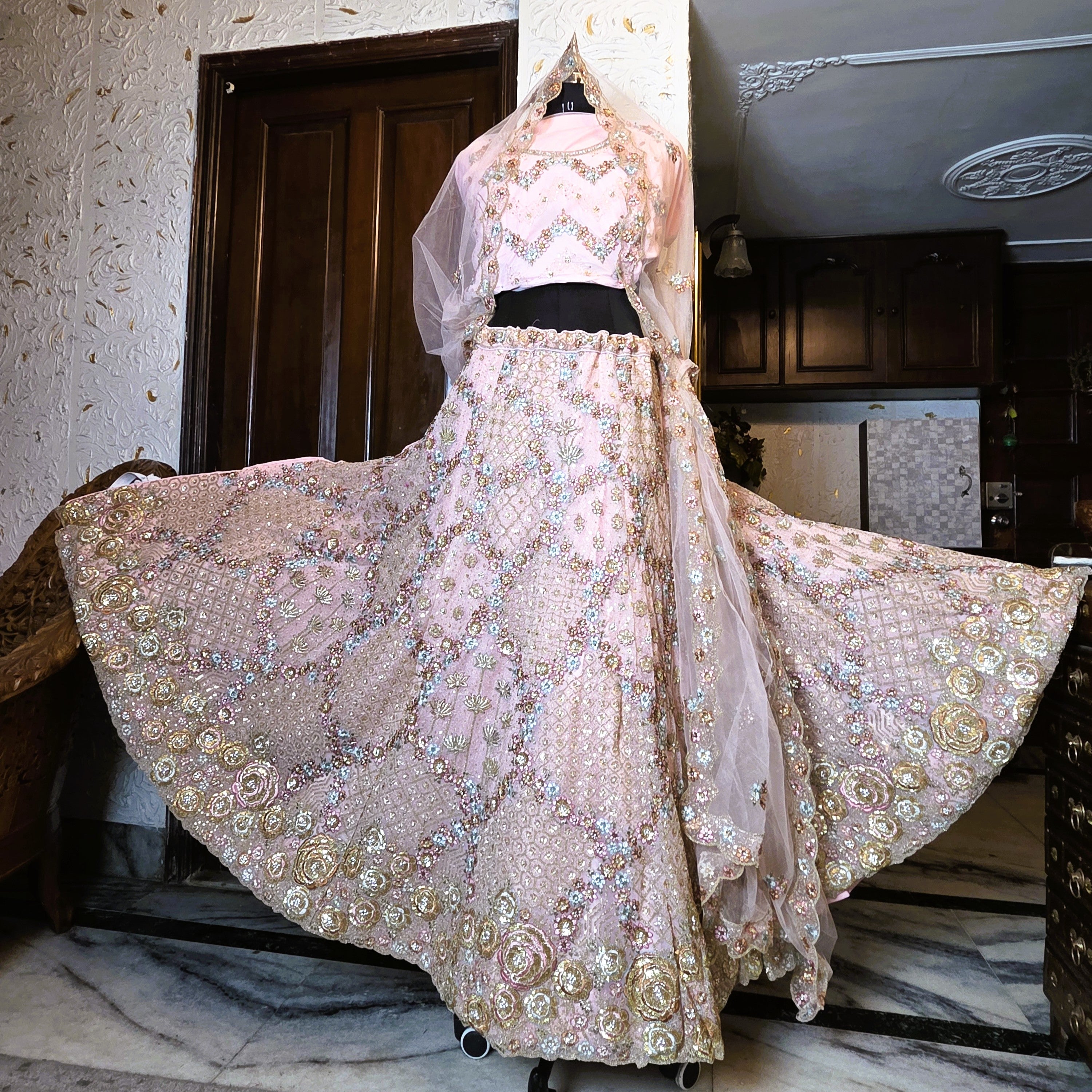 Baby Pink Floral Sequined Stone-worked multicolour lehenga