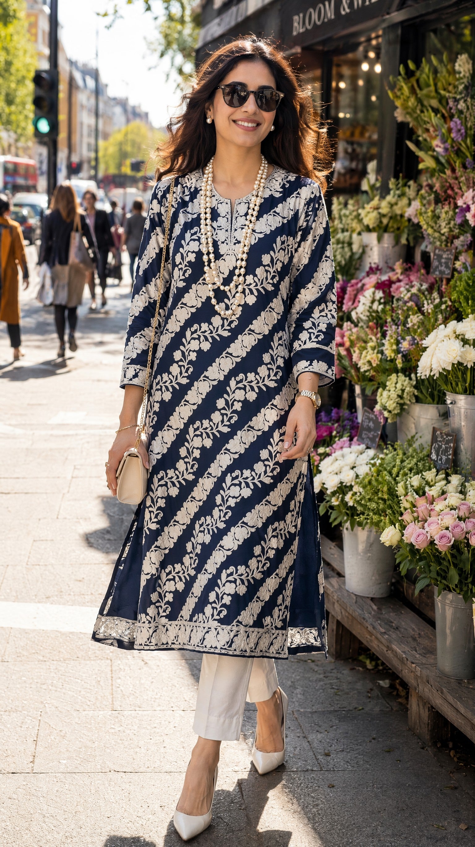 White thread work long kurta navy