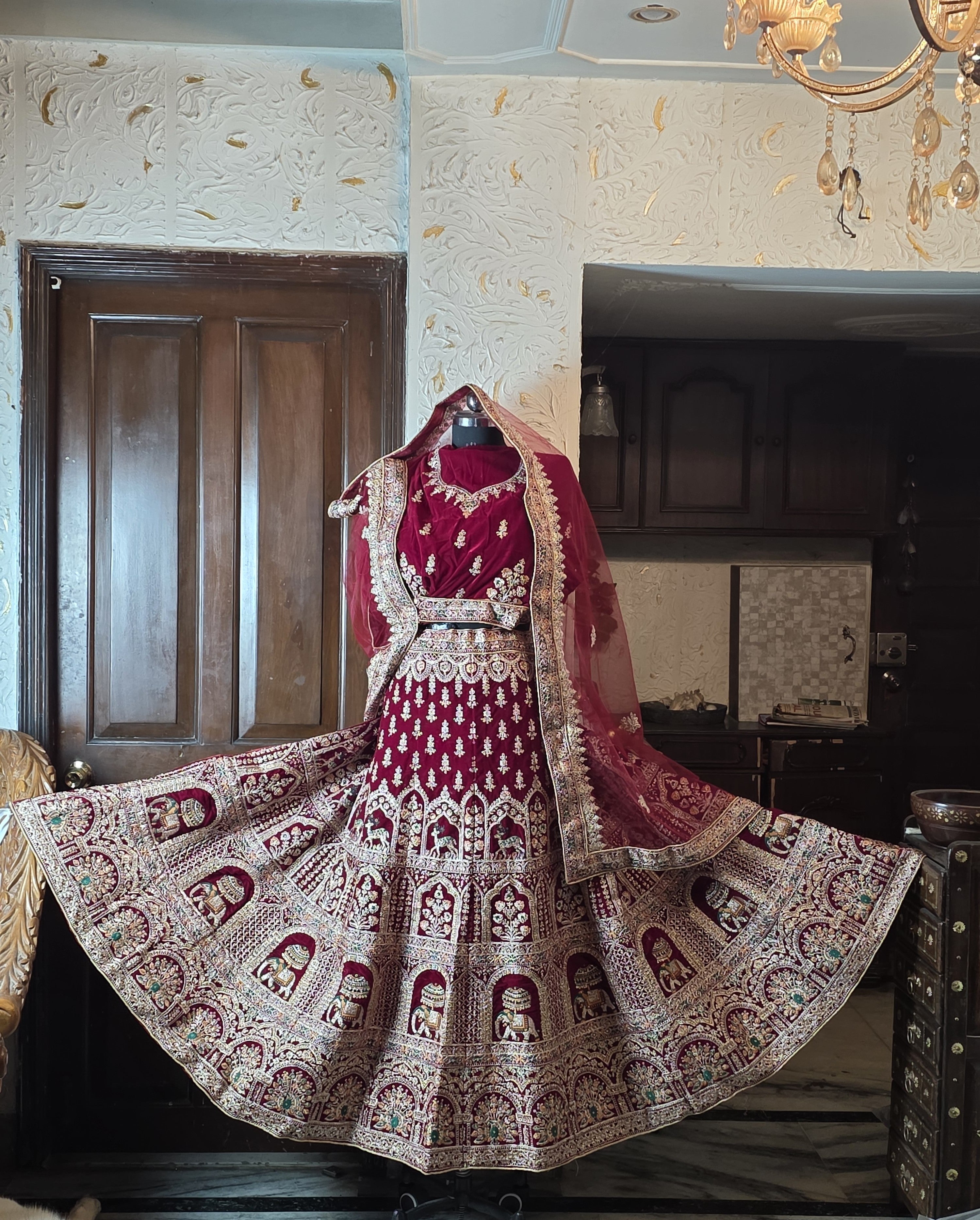 Maroon Meenakari stone-worked Velvet Lehenga