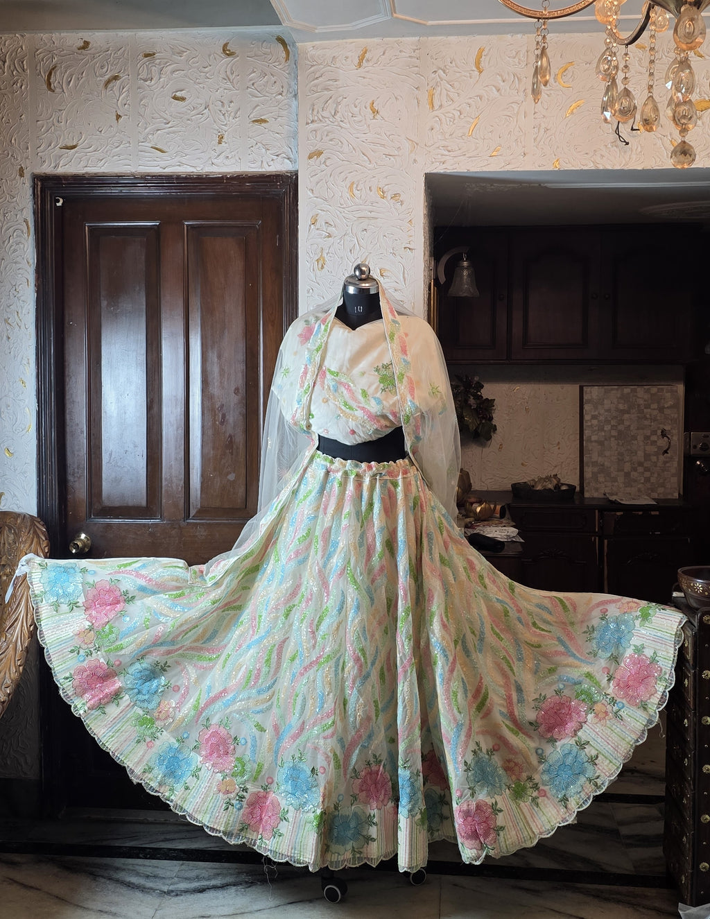 White Multicoloured Sequined Lehenga