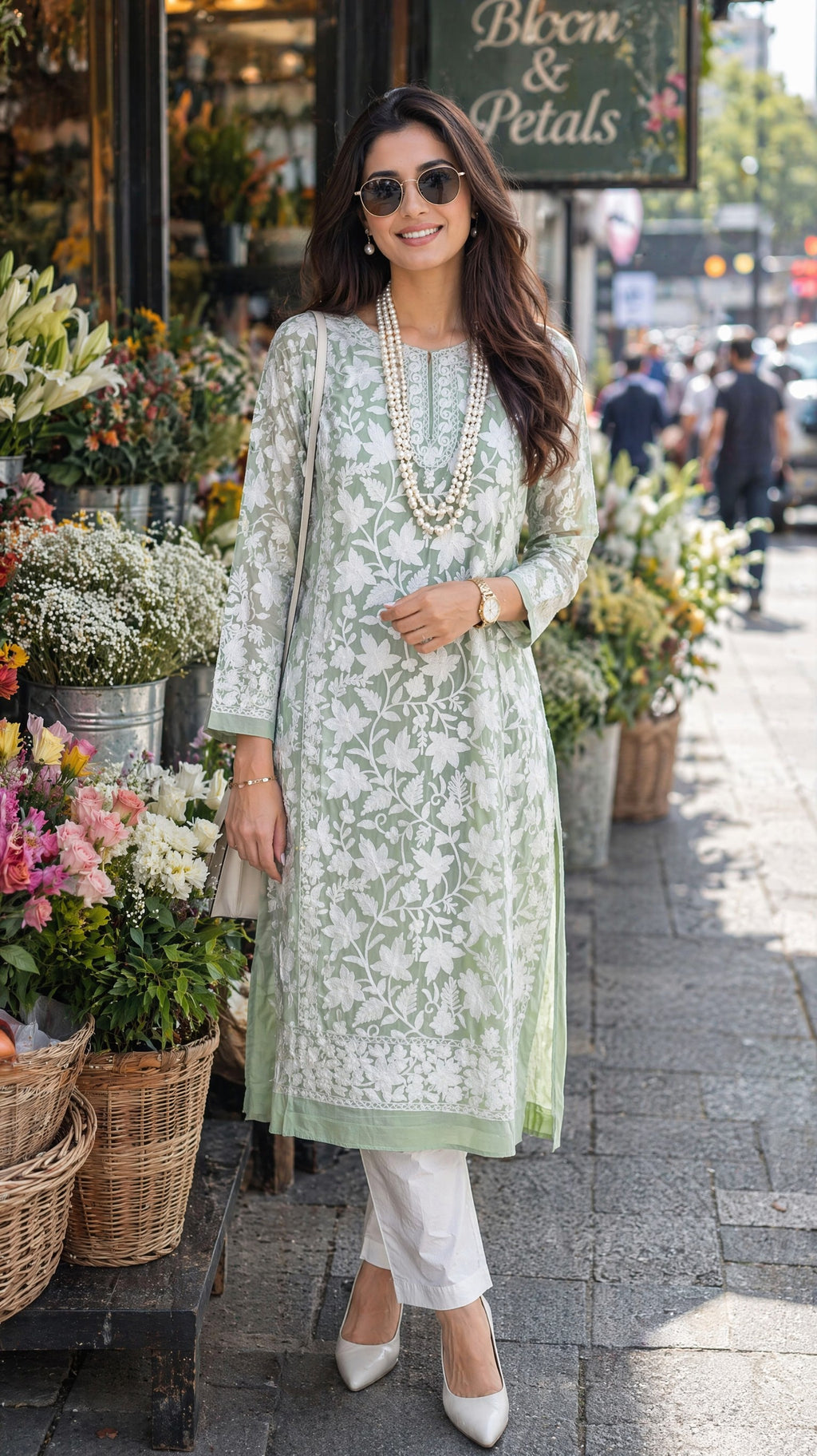 White thread work long Pista Green kurta