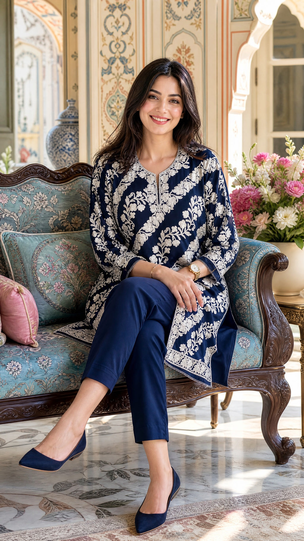 White thread work long kurta navy