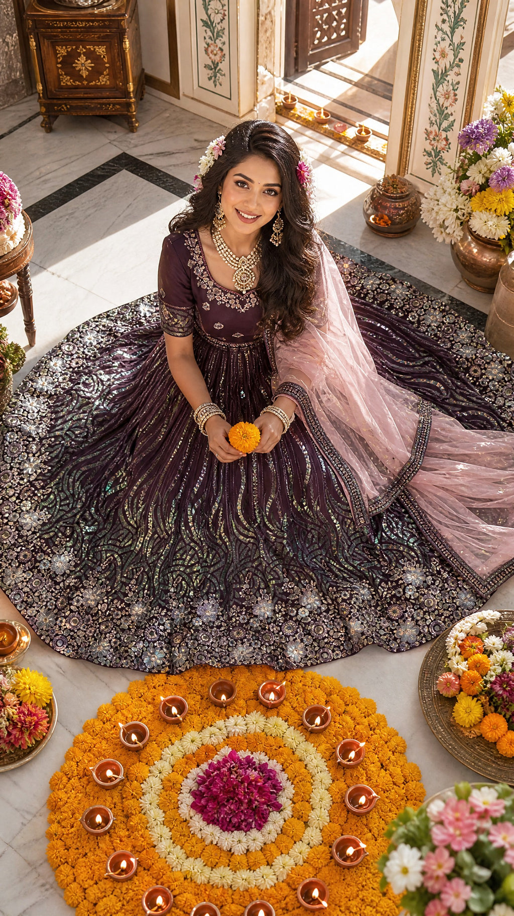 Wine Floral Sequined Lehenga