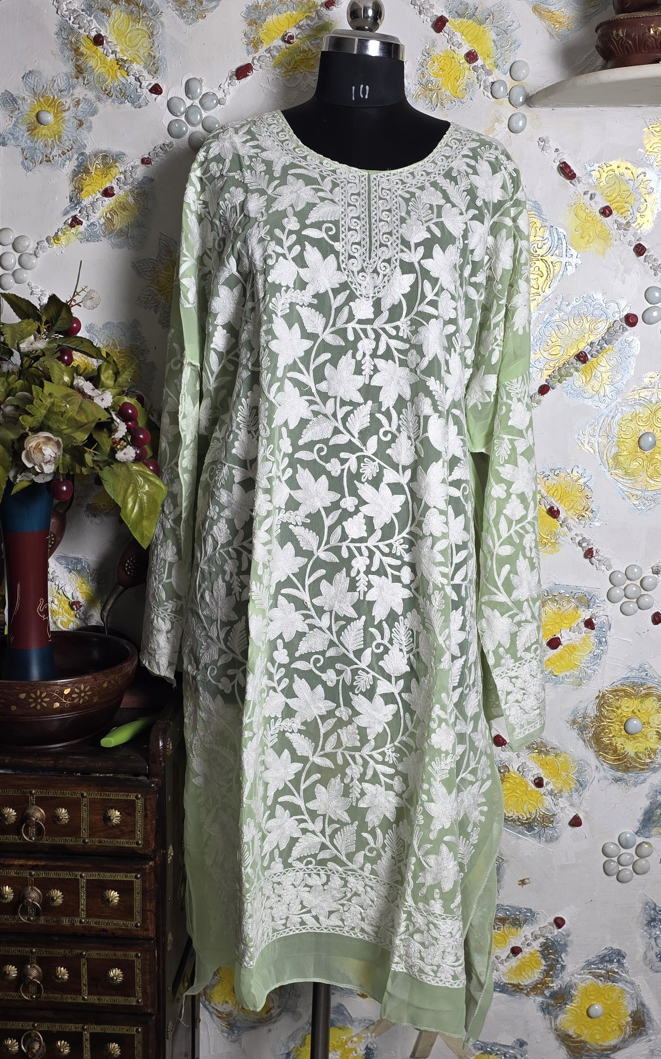 White thread work long Pista Green kurta