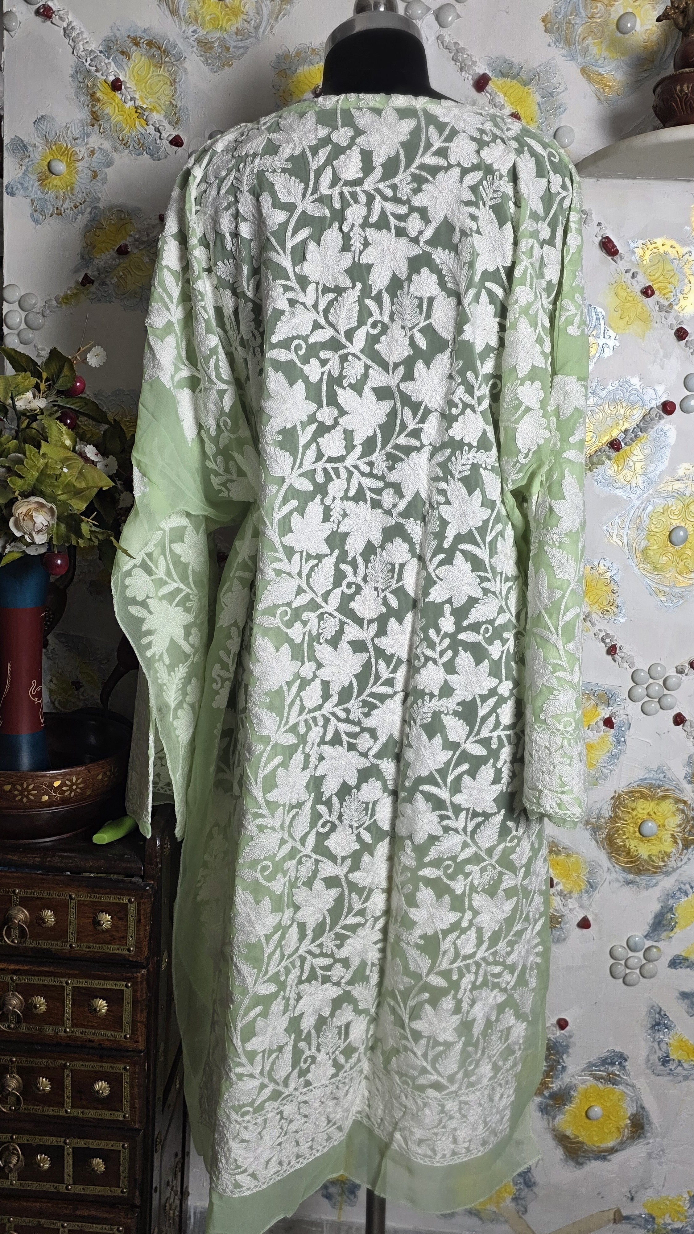 White thread work long Pista Green kurta