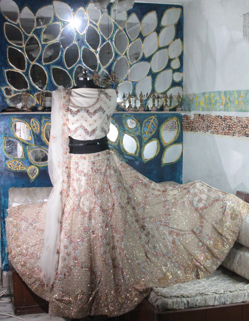 Off-White Golden Sequined Stone worked Lehenga